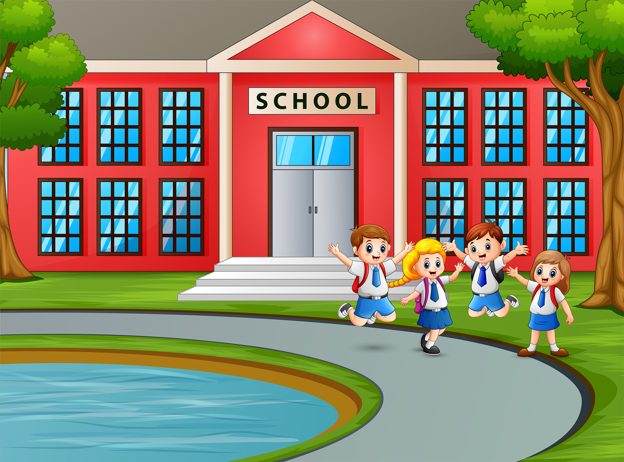 happy children in uniform with backpack going to school