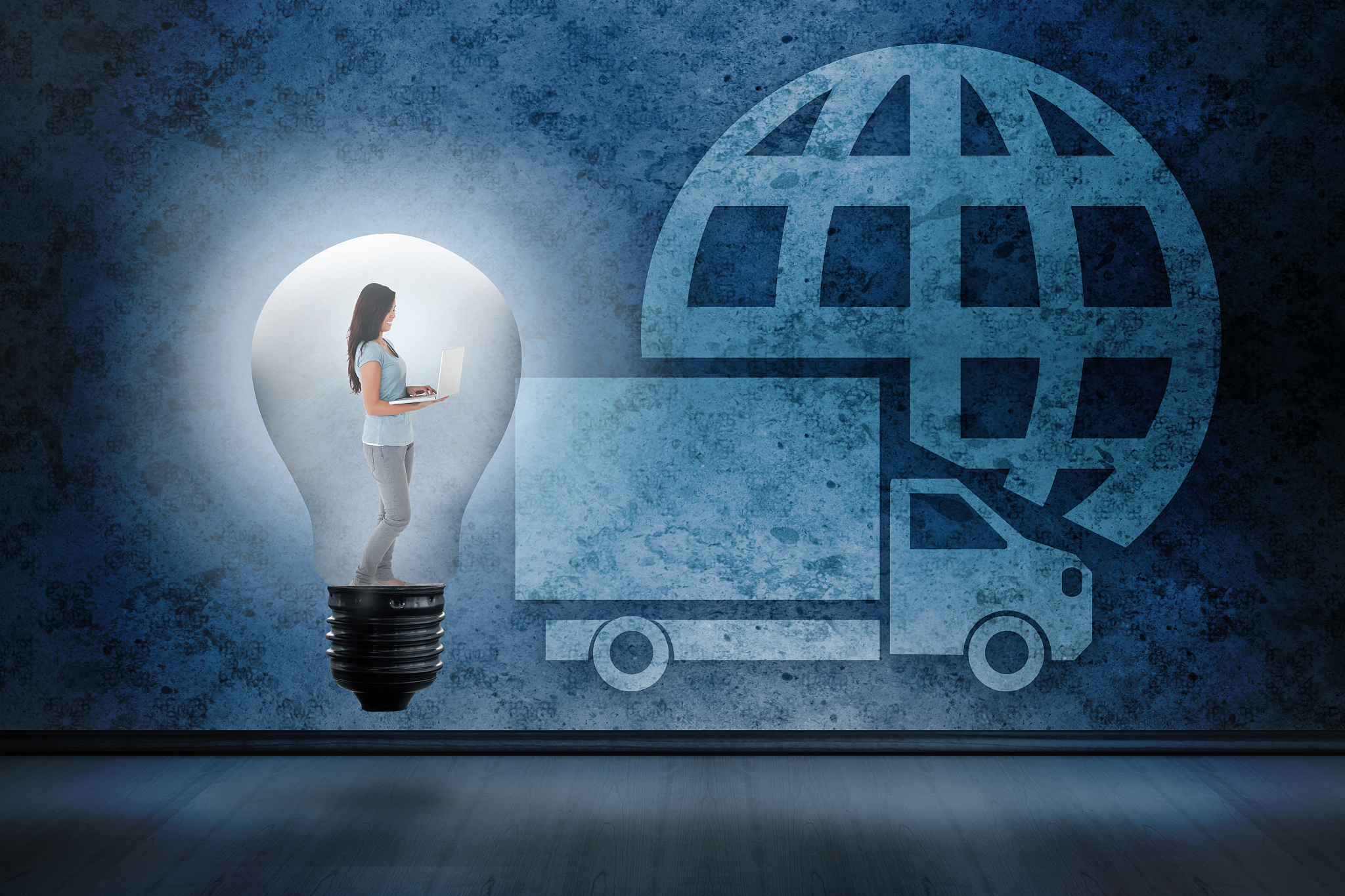 composite image of woman holding laptop in light bulb