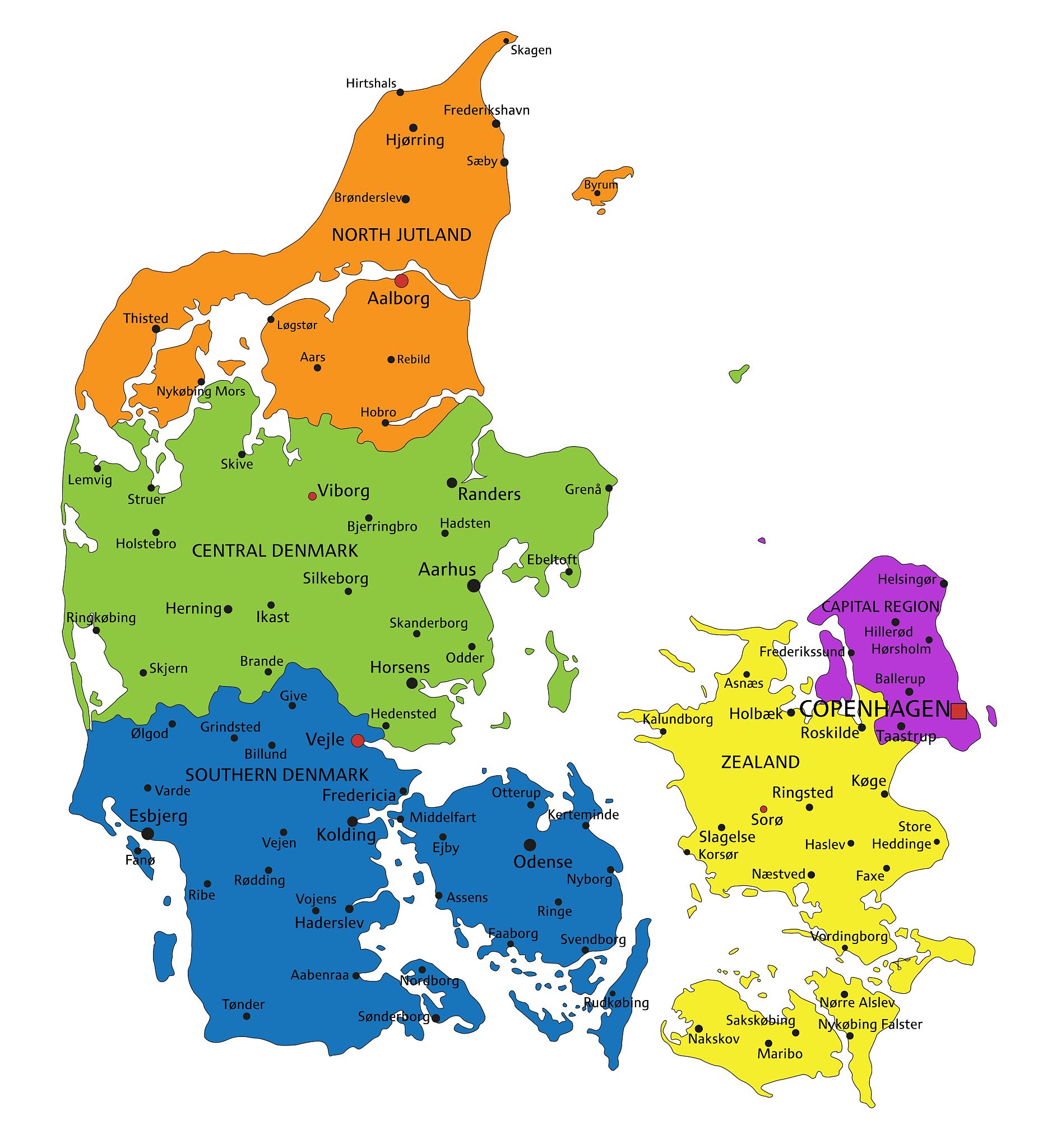 colorful denmark political map with clearly labeled, separated l
