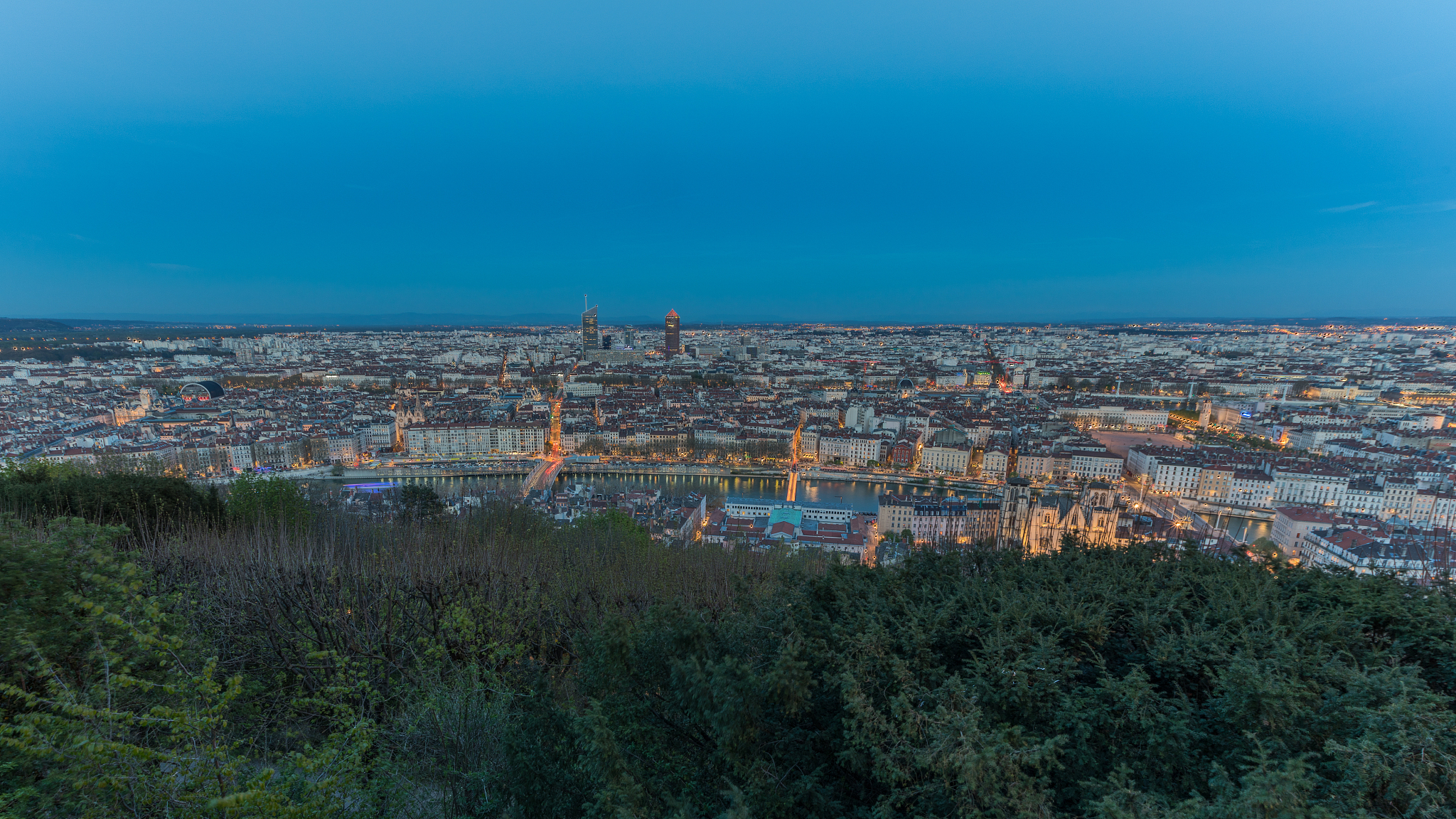 panoramic view over lyon from fourvriere in france during blue h