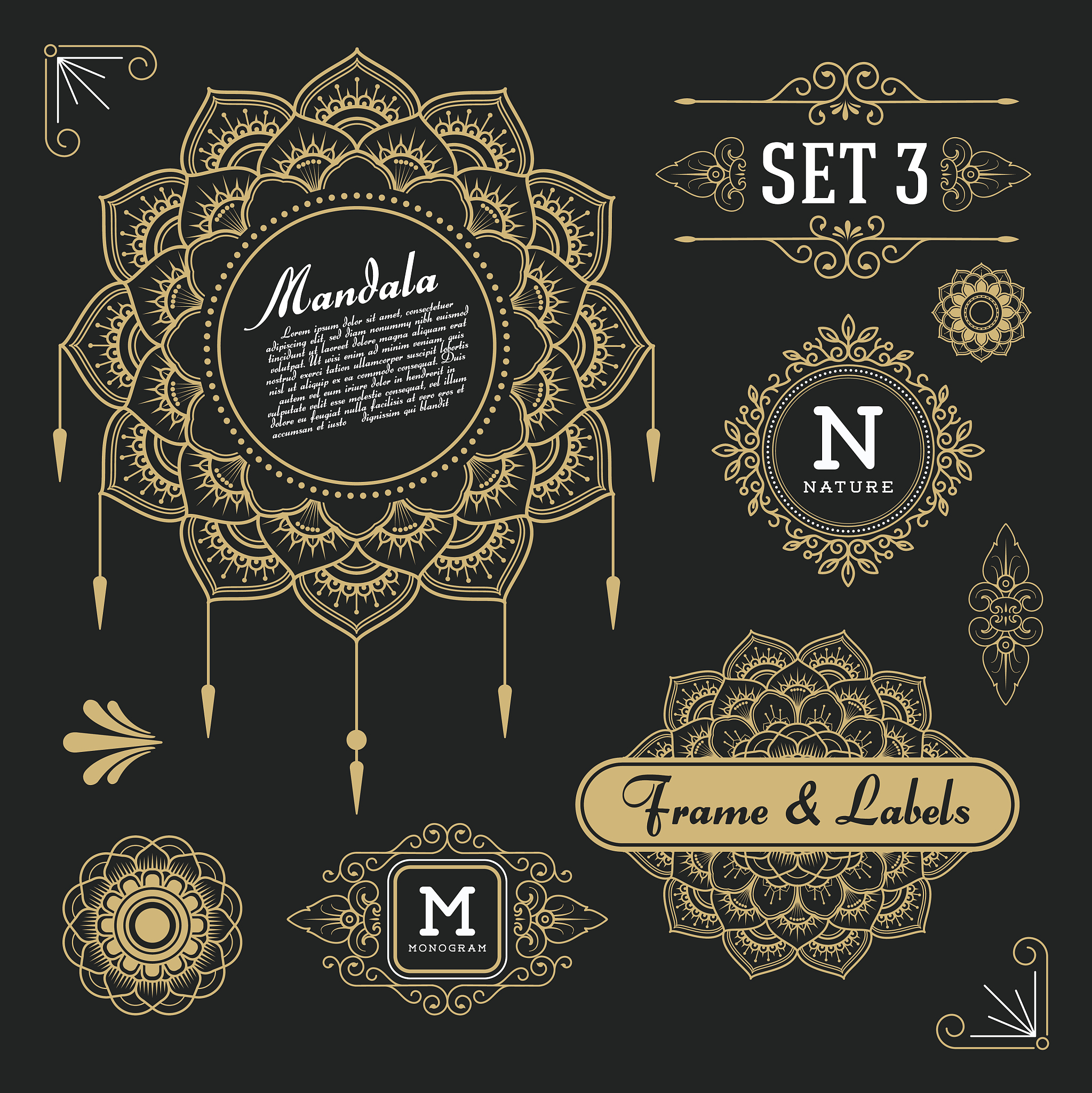 伊斯兰海报套装 - 黑金配色，古兰经图案，极简主义风格