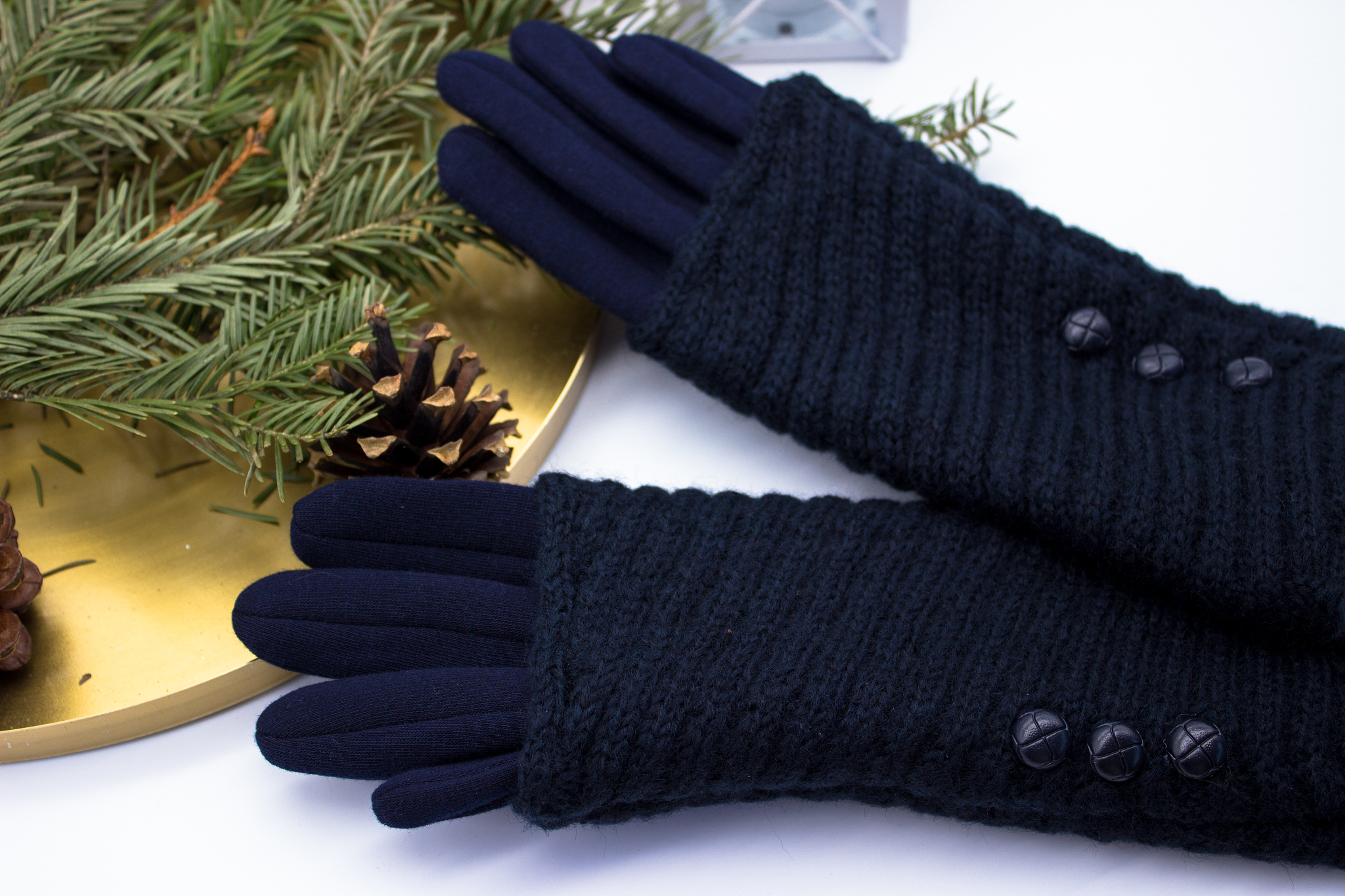 blue gloves and christmas decoration