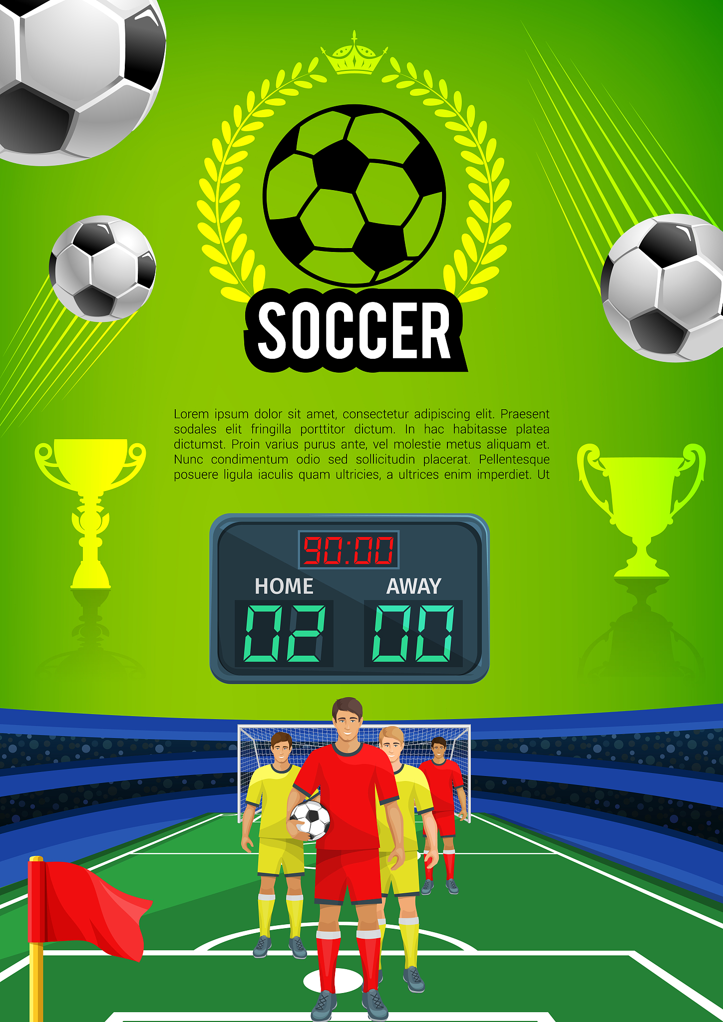 soccer match sport game banner with football field