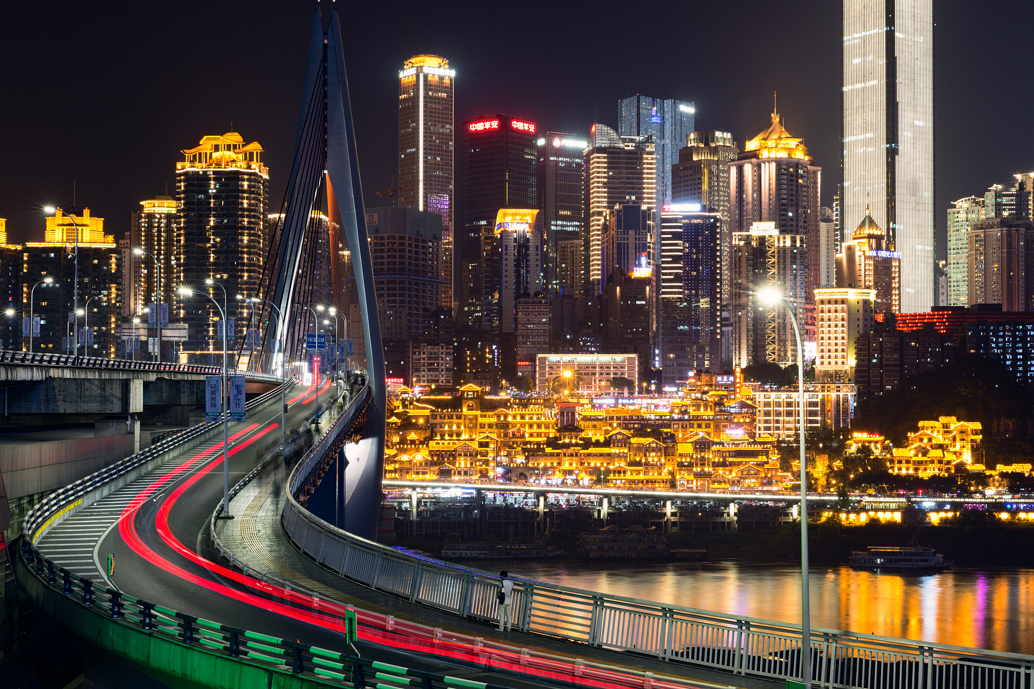 chongqing skyline with the hongya cave at night,china
