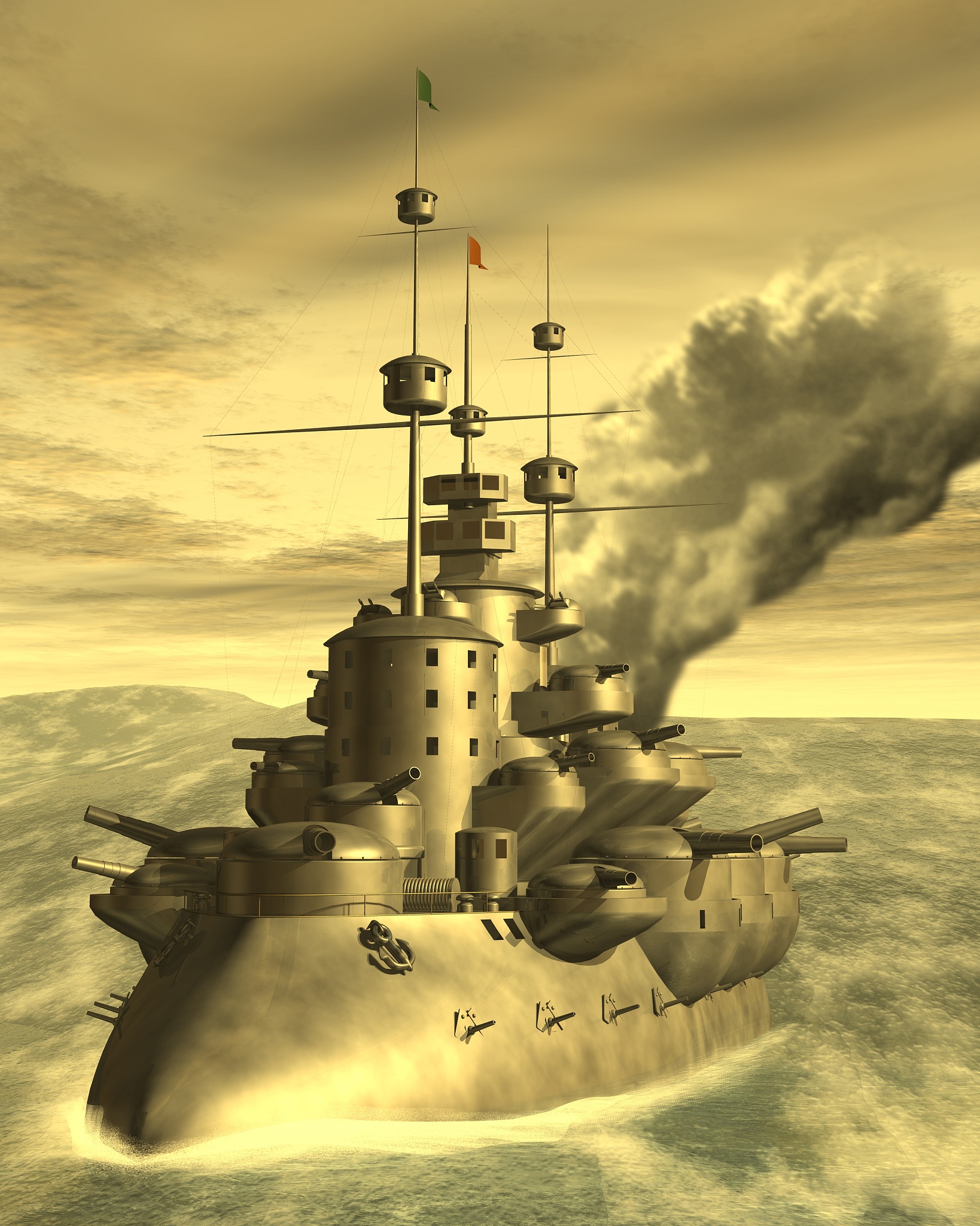 battle ship, illustration, cg, 3d, sepia, close up