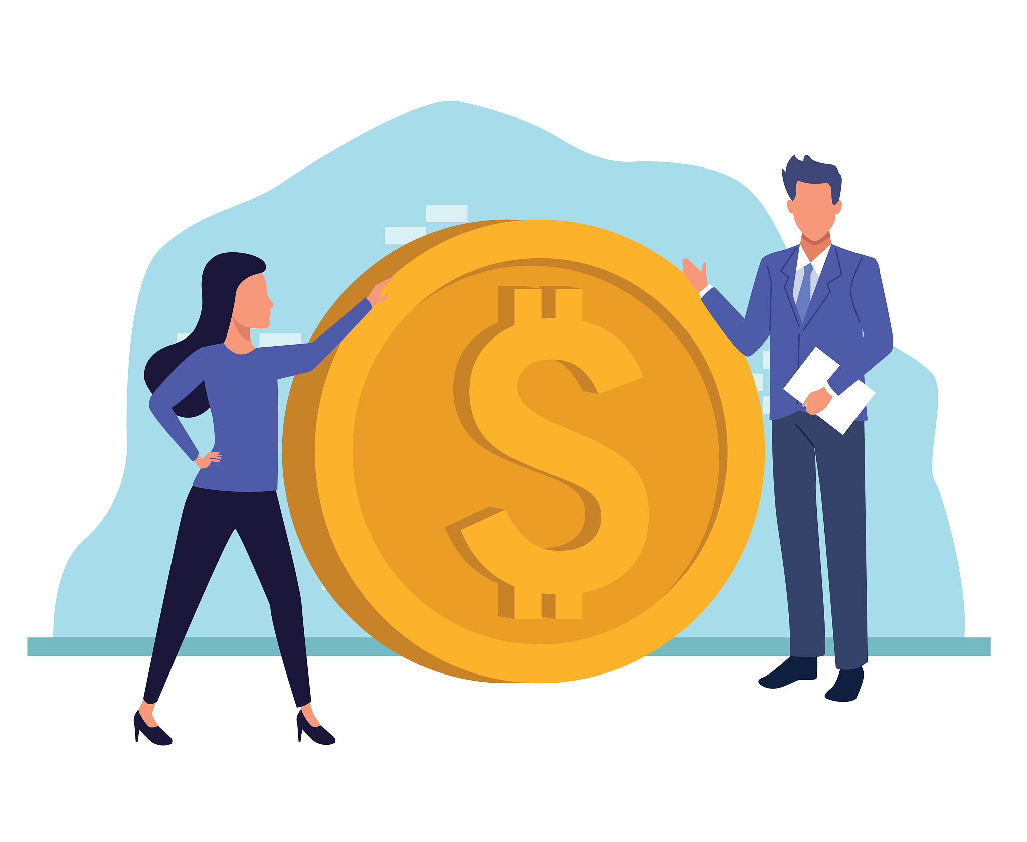 avatar woman and businessman holding a big money