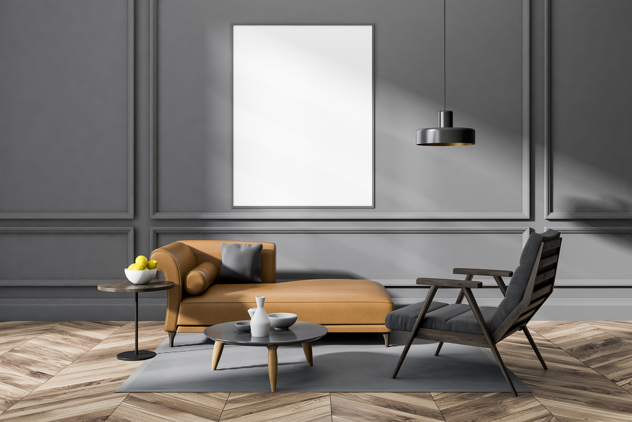 gray living room, brown sofa and poster
