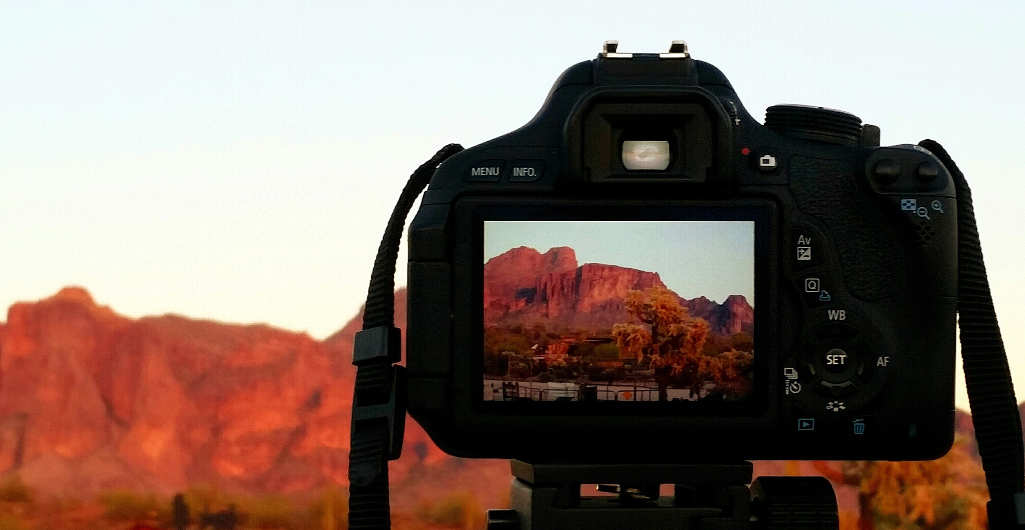 close-up of superstition mountains on camera screen