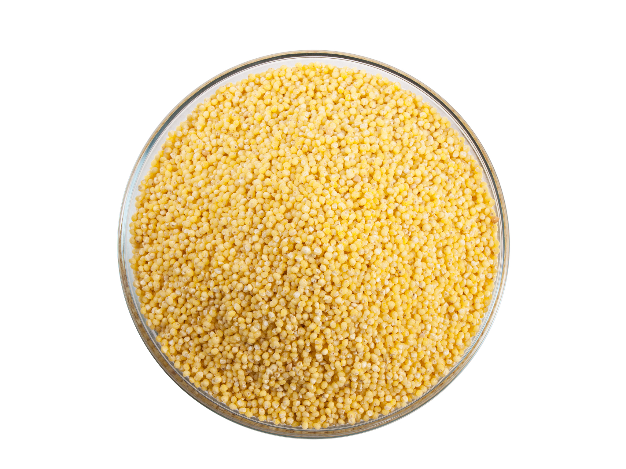 bowl full of millet on white background top view