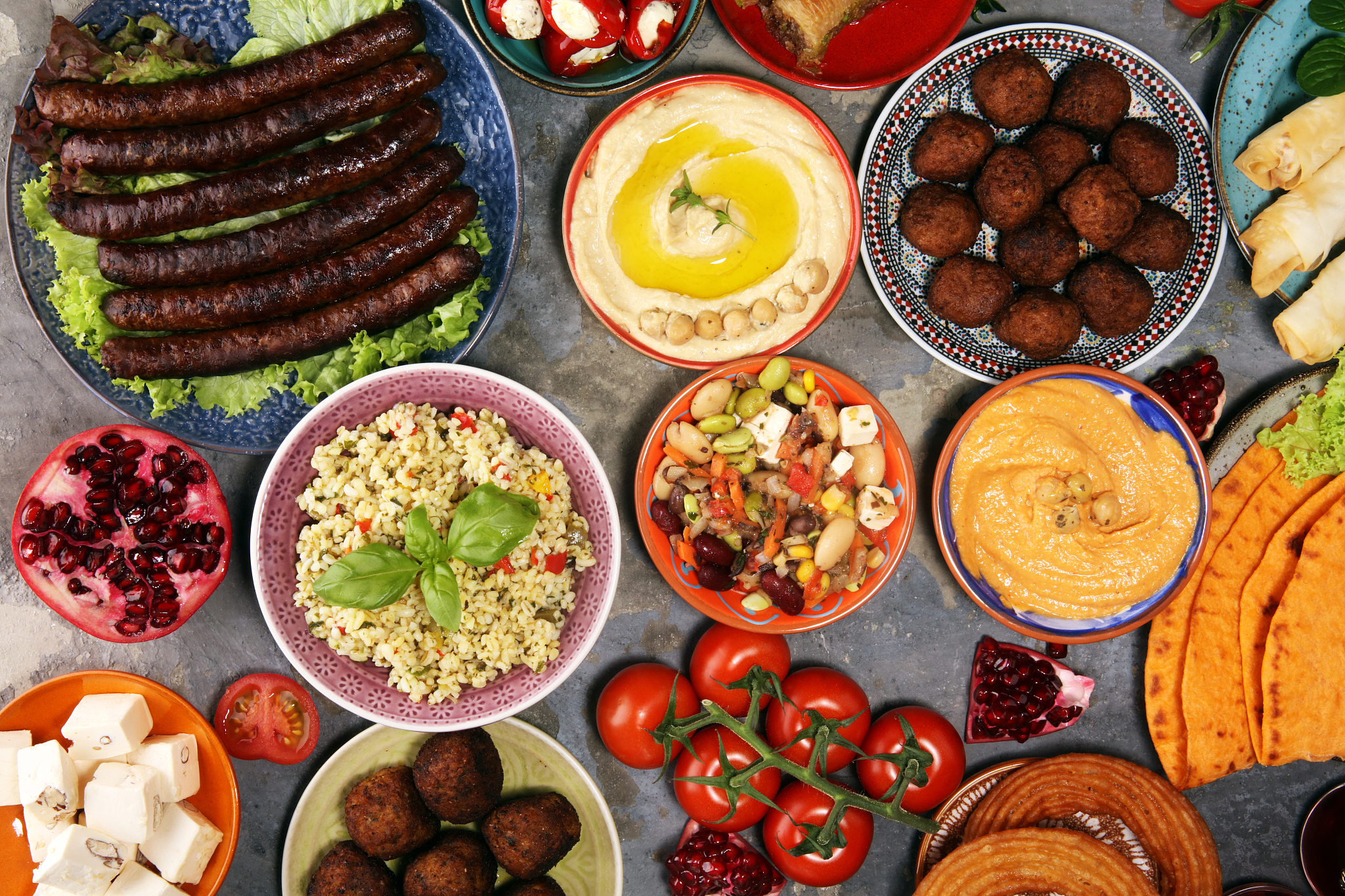 middle eastern or arabic dishes and assorted meze, concrete rust