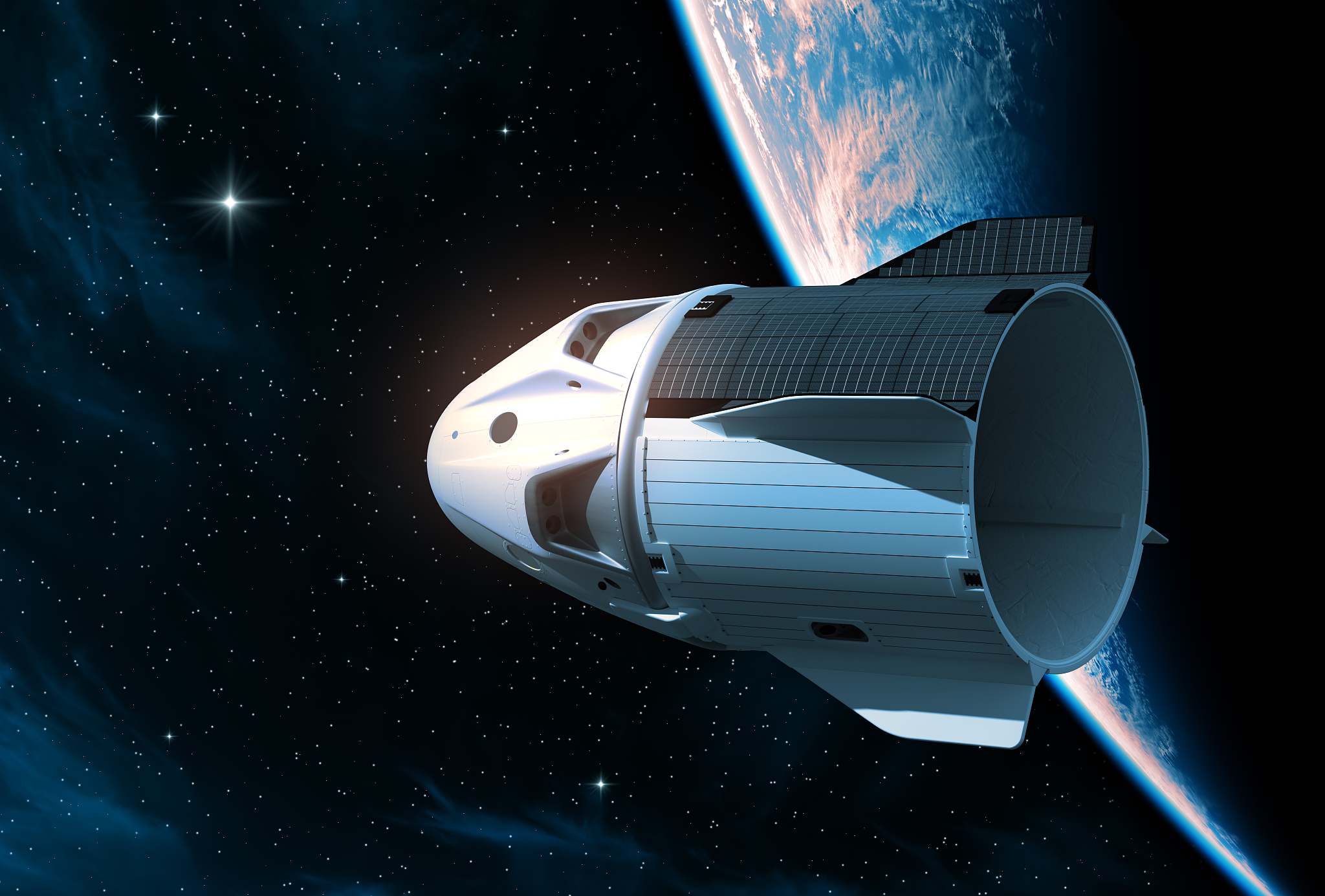 commercial spaceship on the background of planet earth