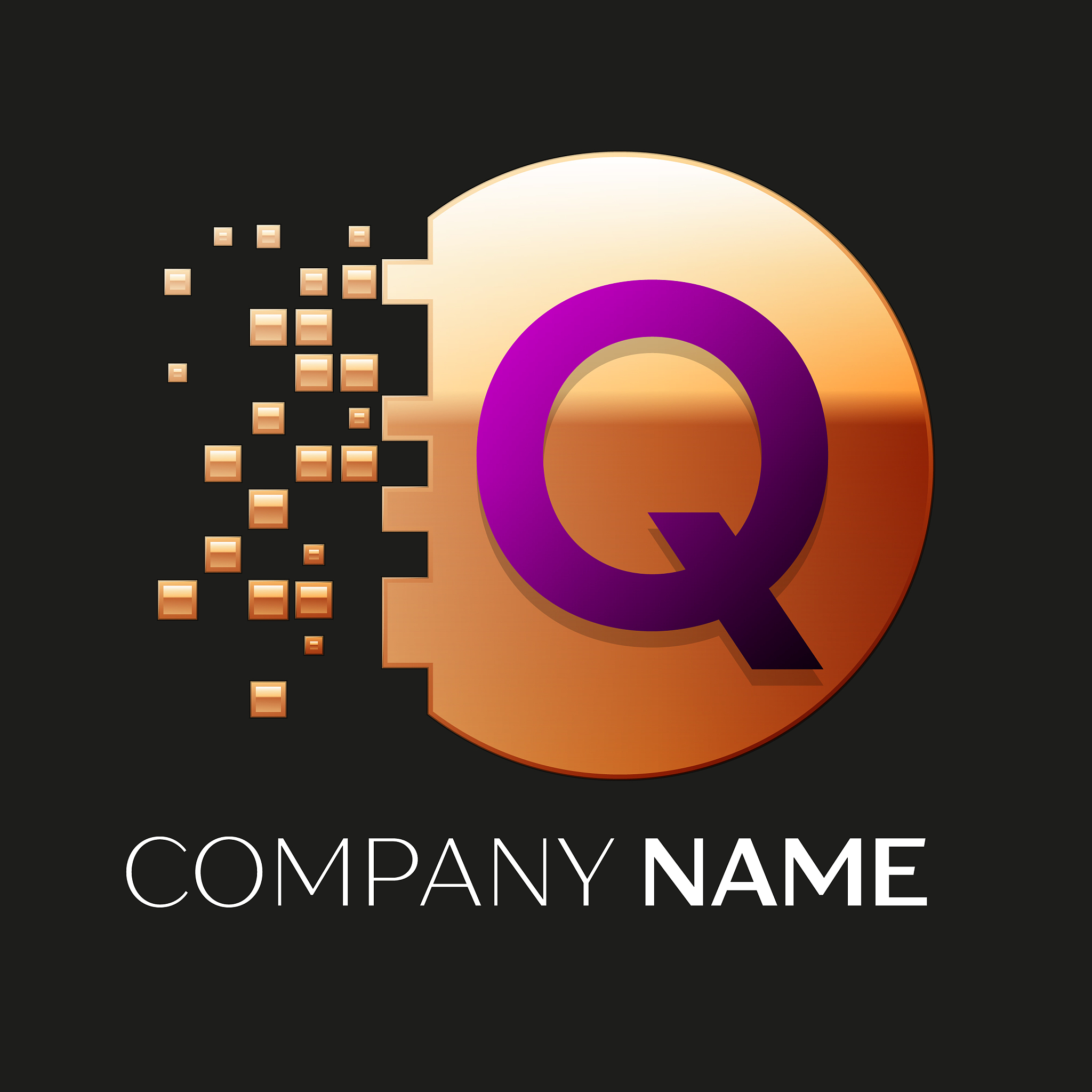 purple letter q logo symbol in golden pixel circle