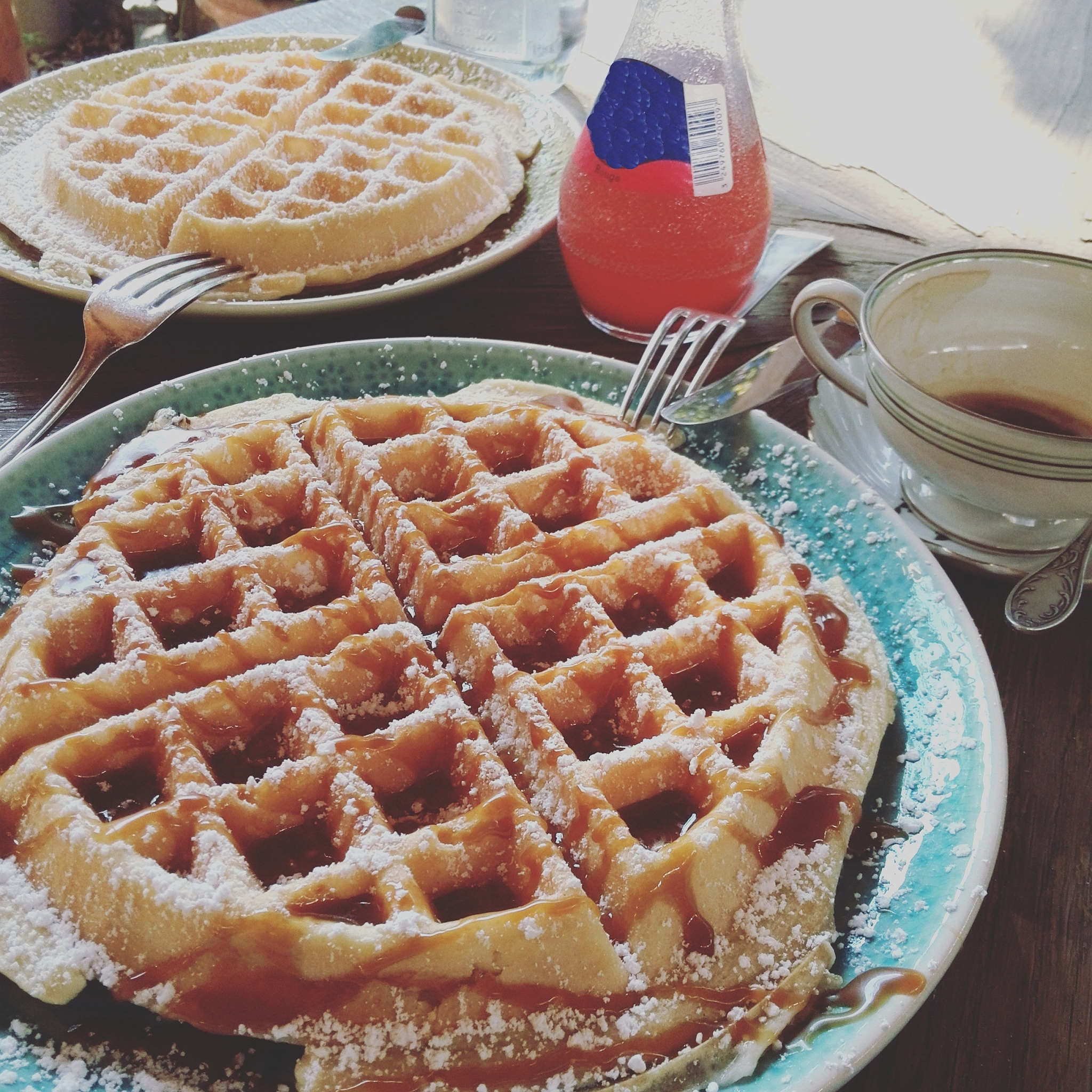 high angle view of waffles in plates on table