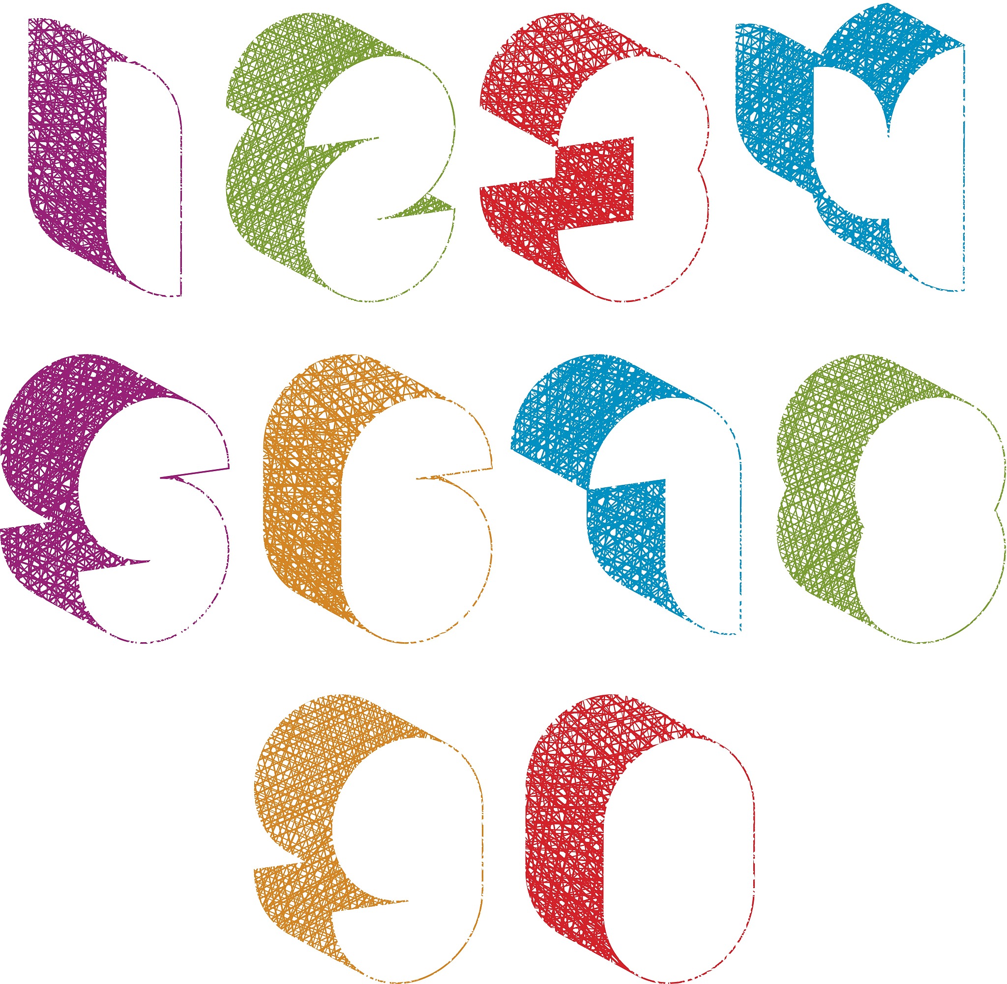 futuristic shapes 3d numbers set with hand drawn lines texture.