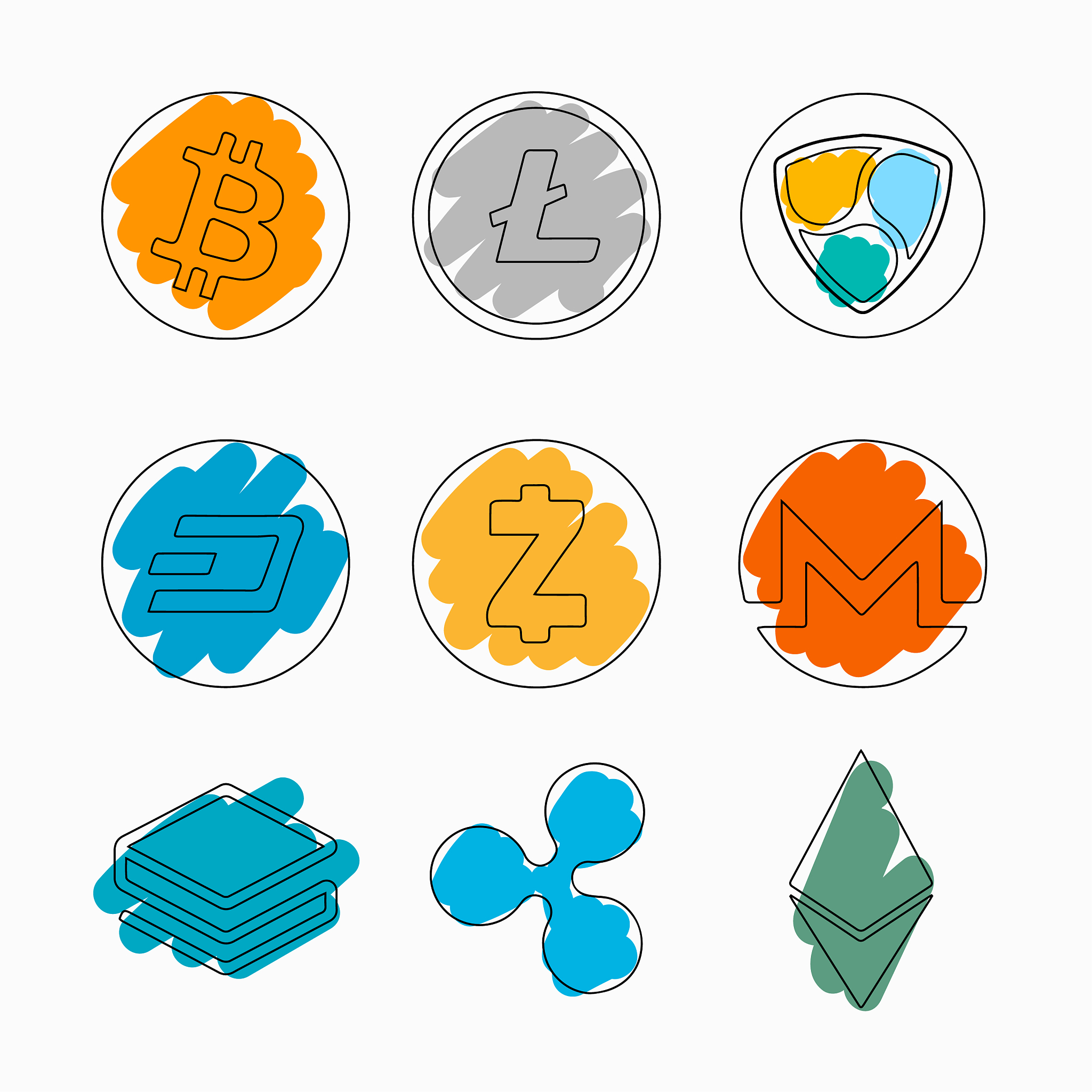 set of cryptocurrencies on white background with
