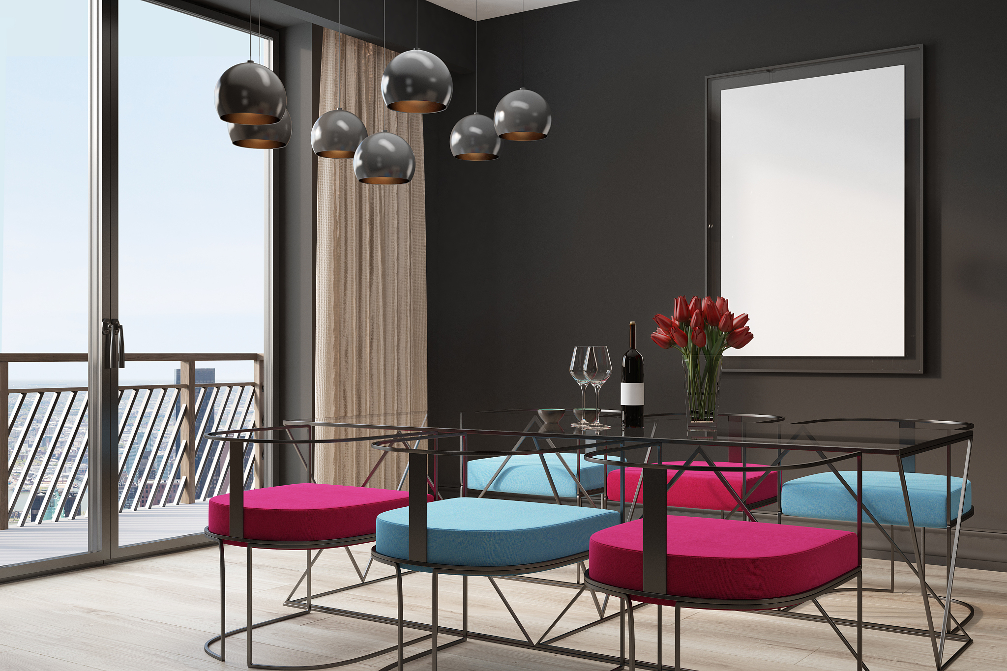 black cafe interior, blue and red chairs corner