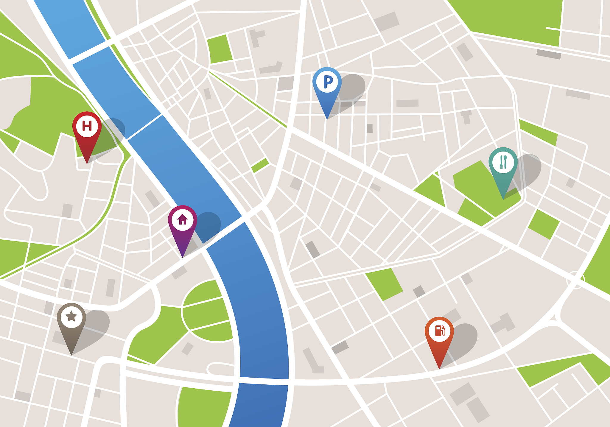 city map with navigation icons