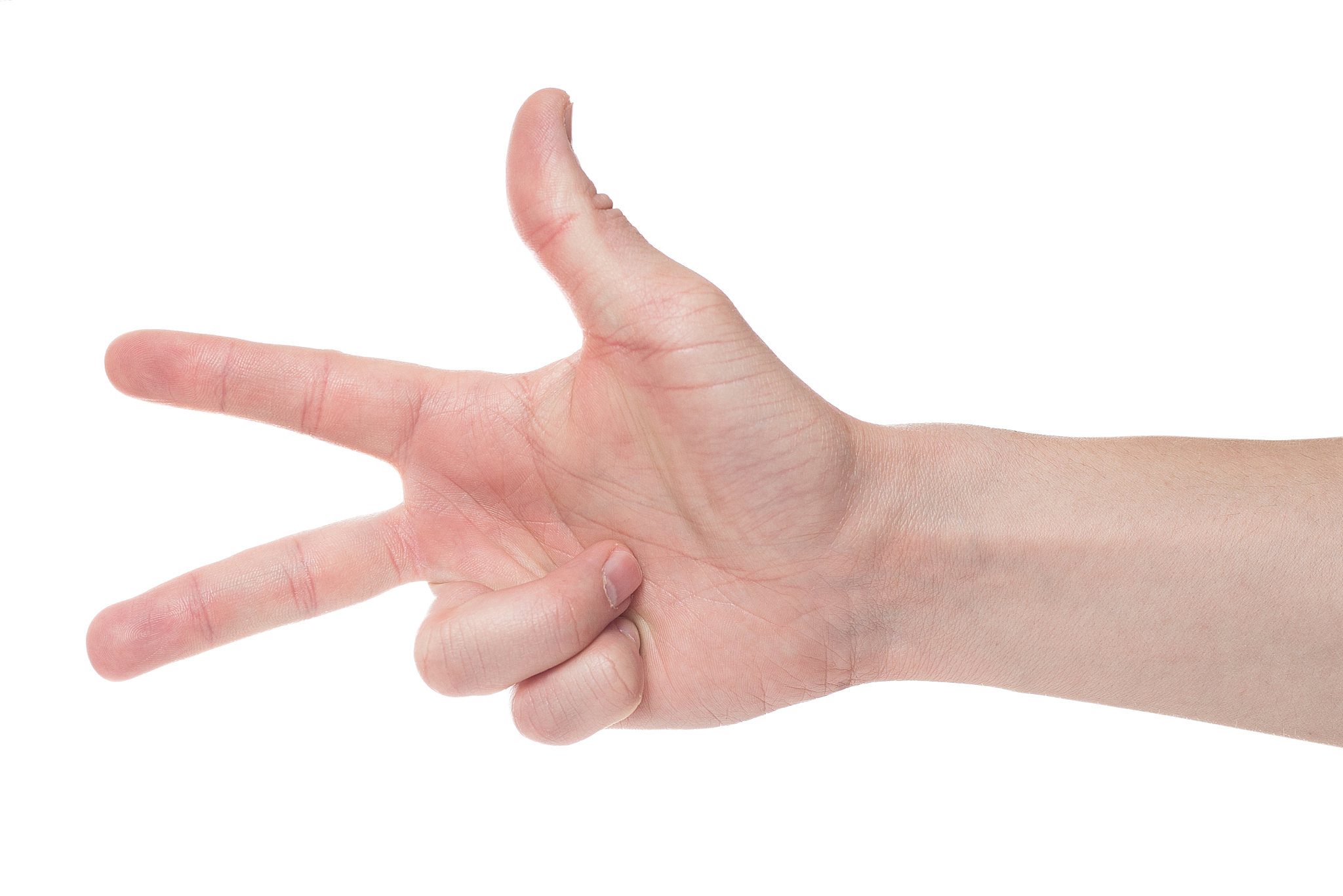man showing number three on white background, closeup.