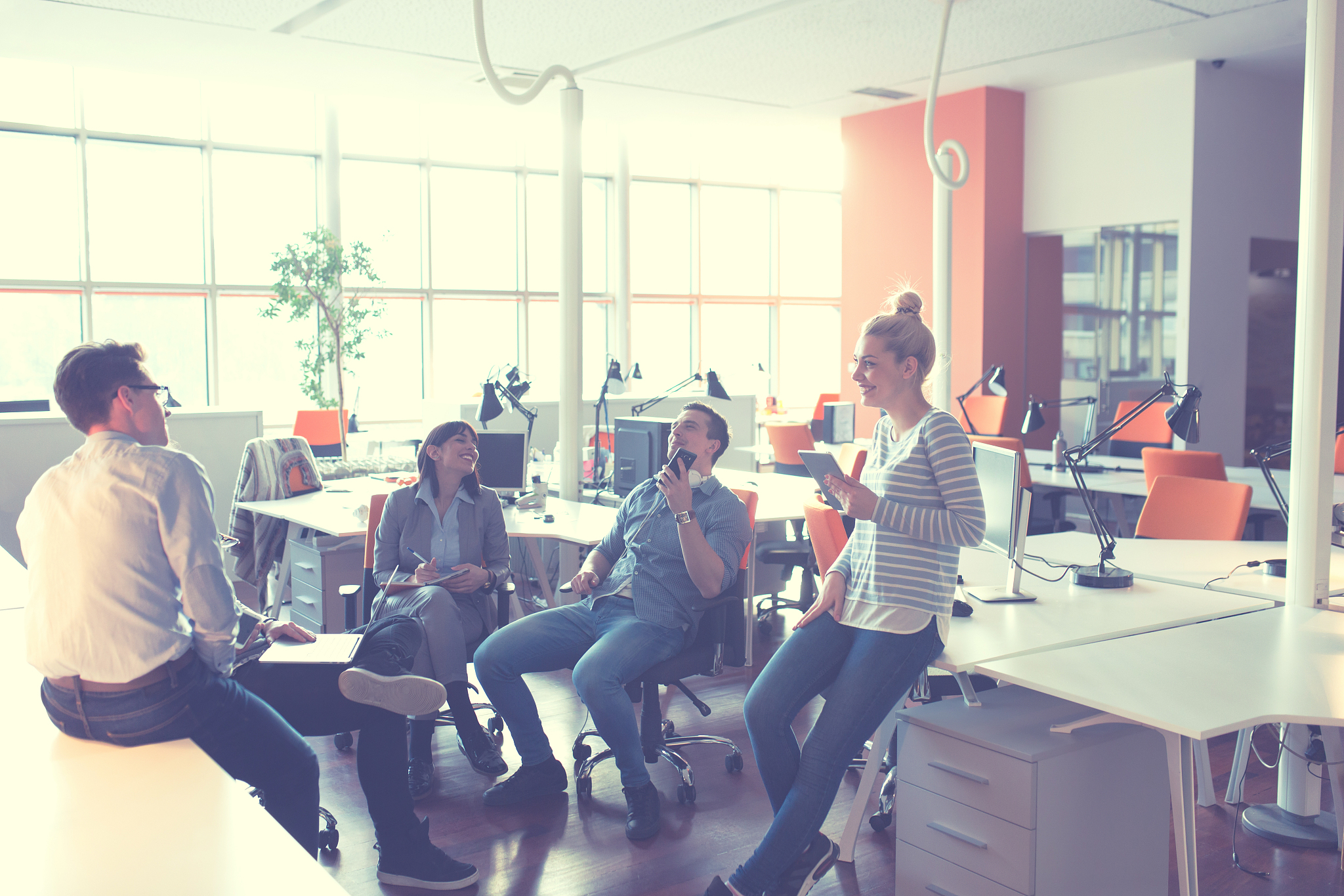 group of a young business people discussing business plan  in th