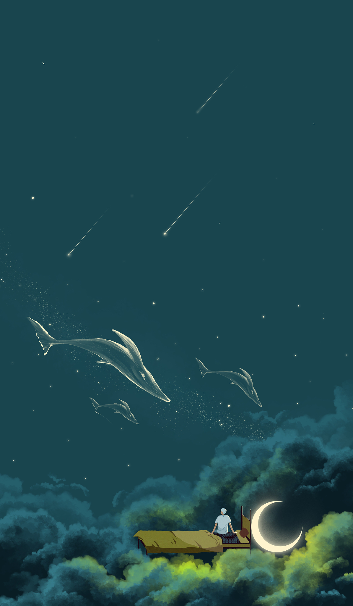 夜晚坐在床上失眠的人唯美插画