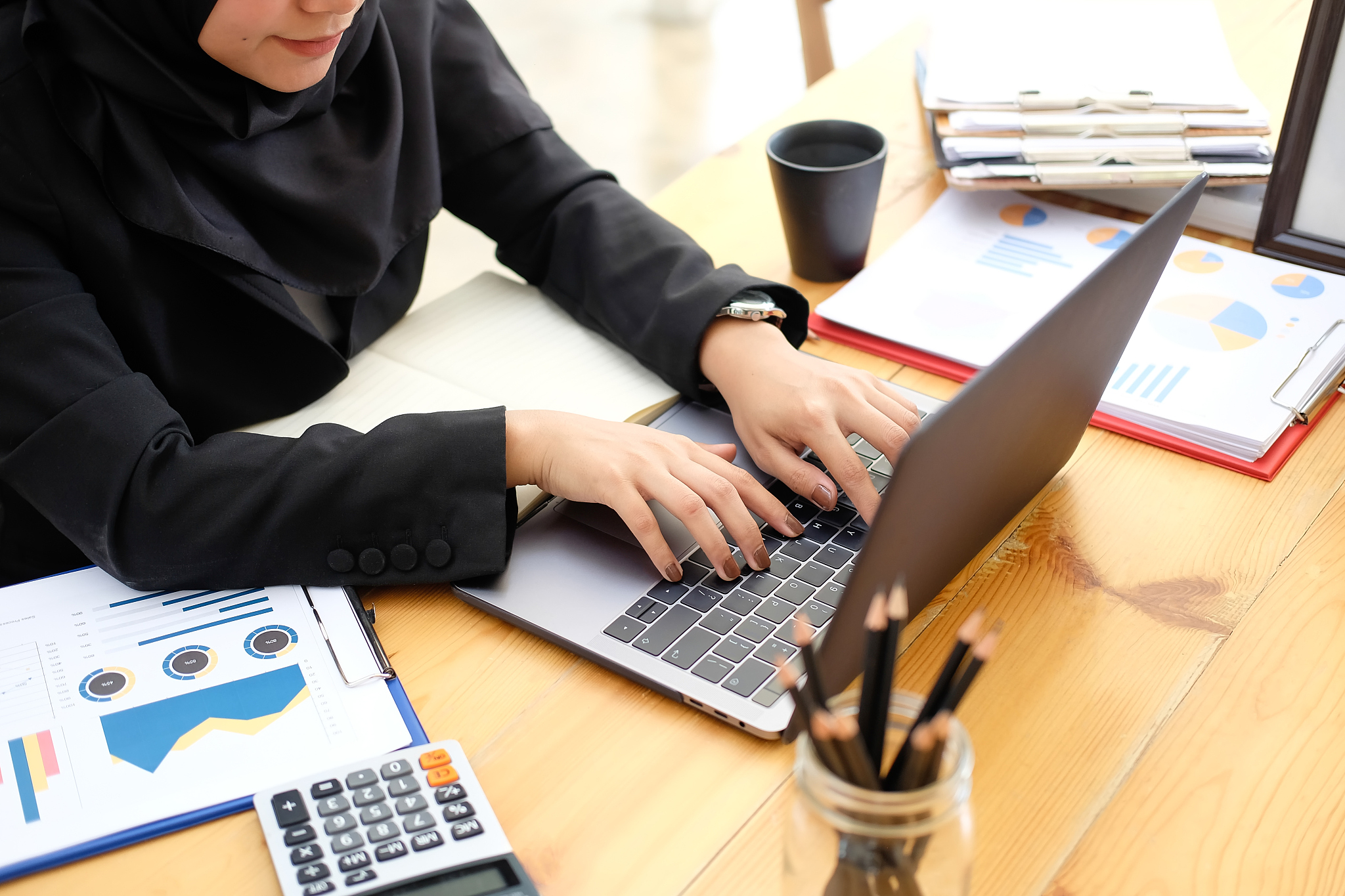 islam woman working with laptop computer, businesswoman working 