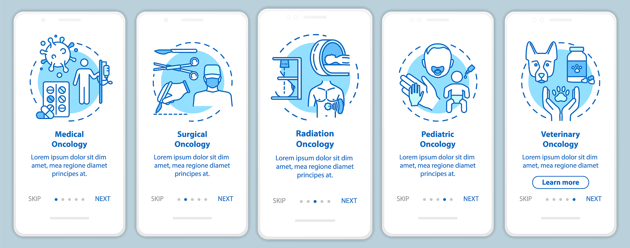 oncology onboarding mobile app page screen with concepts. medica
