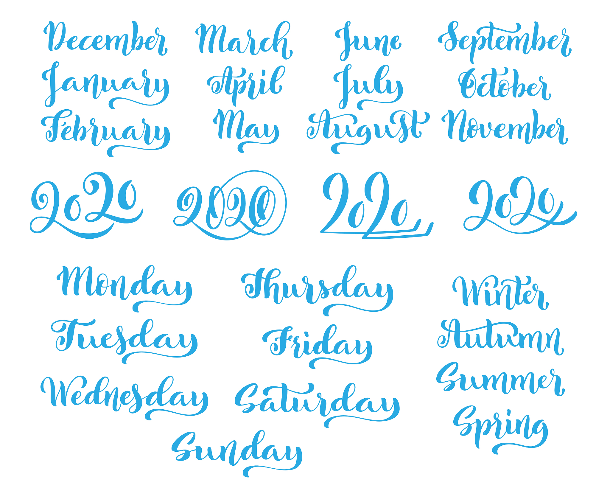 big vector handdrawn calligraphic monthly set with months, year 