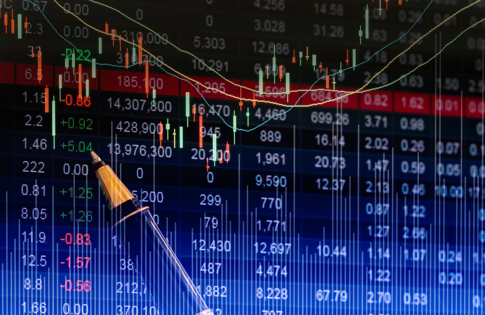 financial data on a monitor,stock market data on led