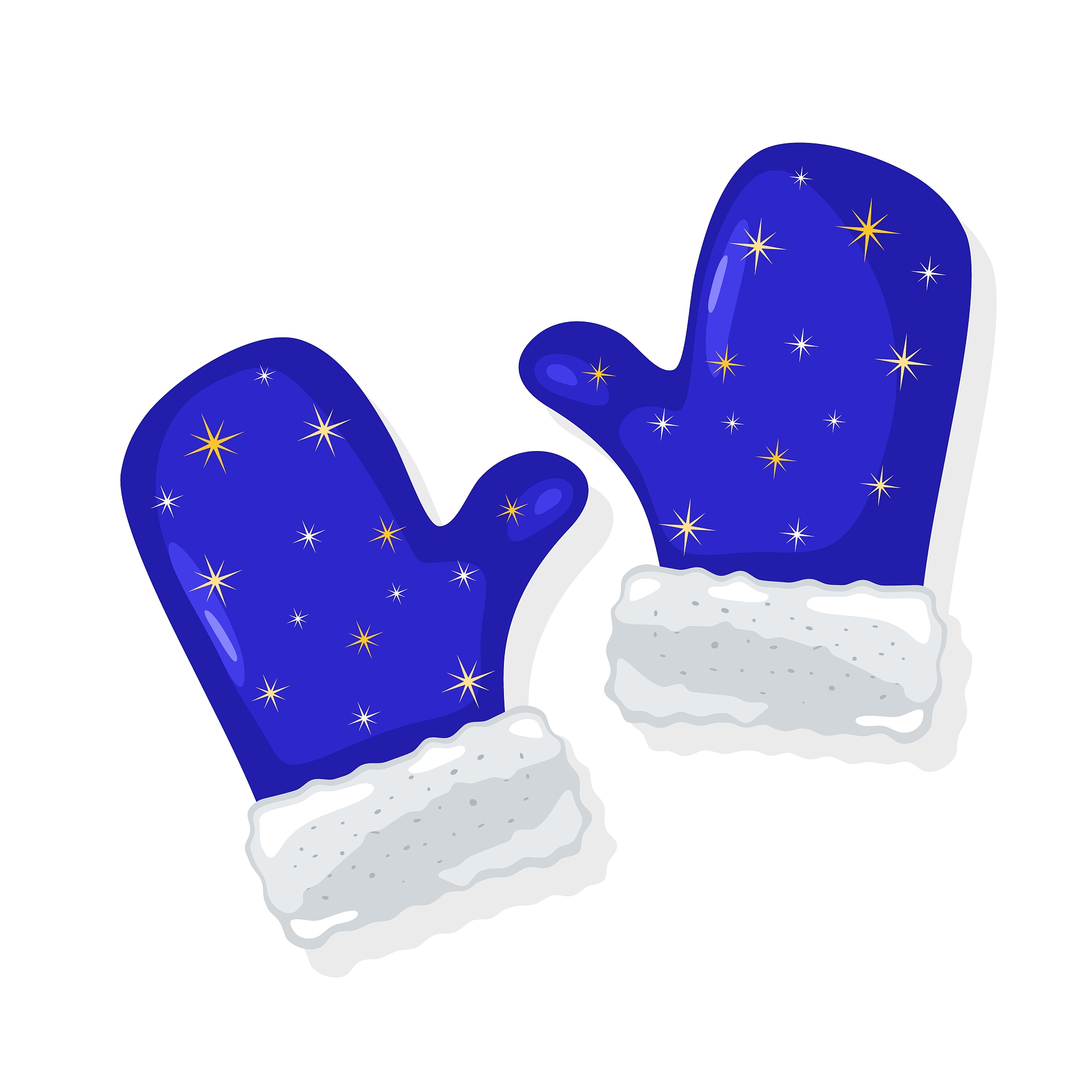 pair of blue mittens with white fur and yellow stars or snowflak