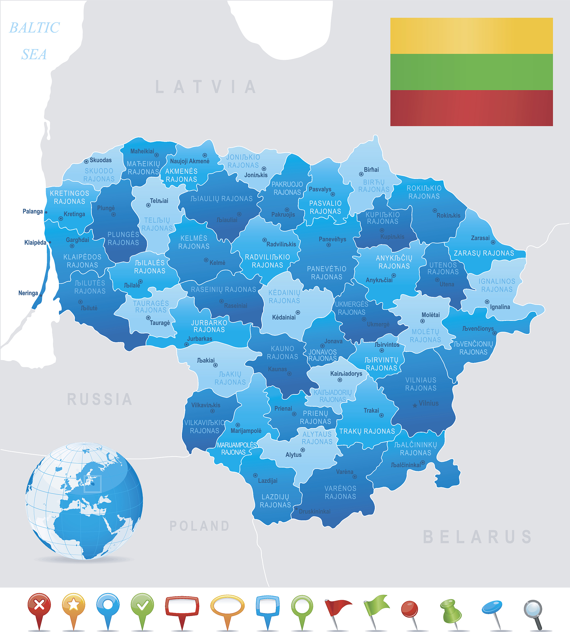 map of lithuania - states, cities, flag and icons