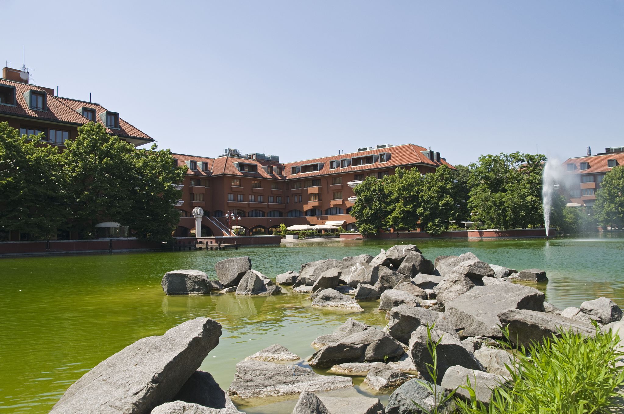 rocks and lake, residential town