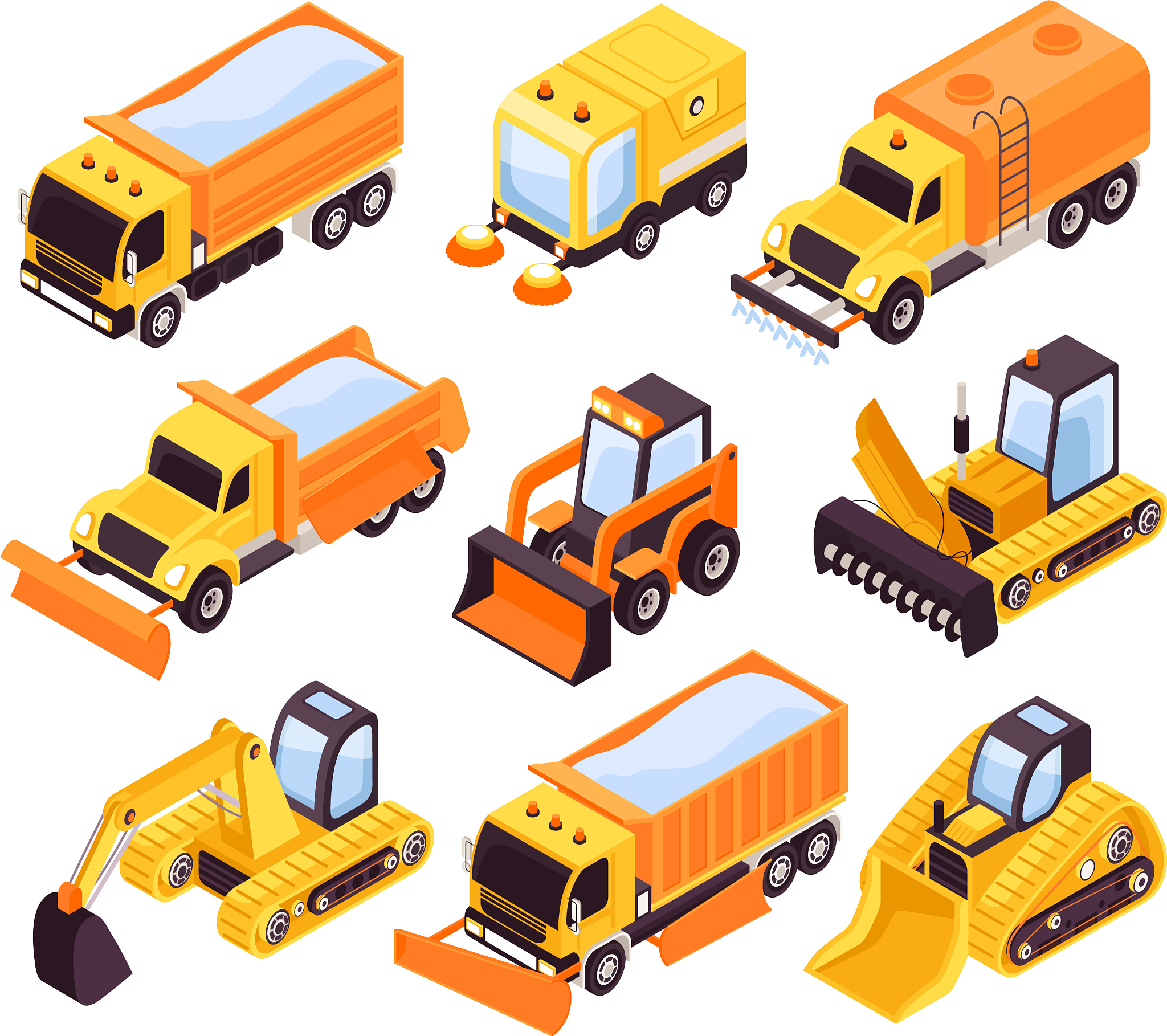 street cleaning vehicles isometric set