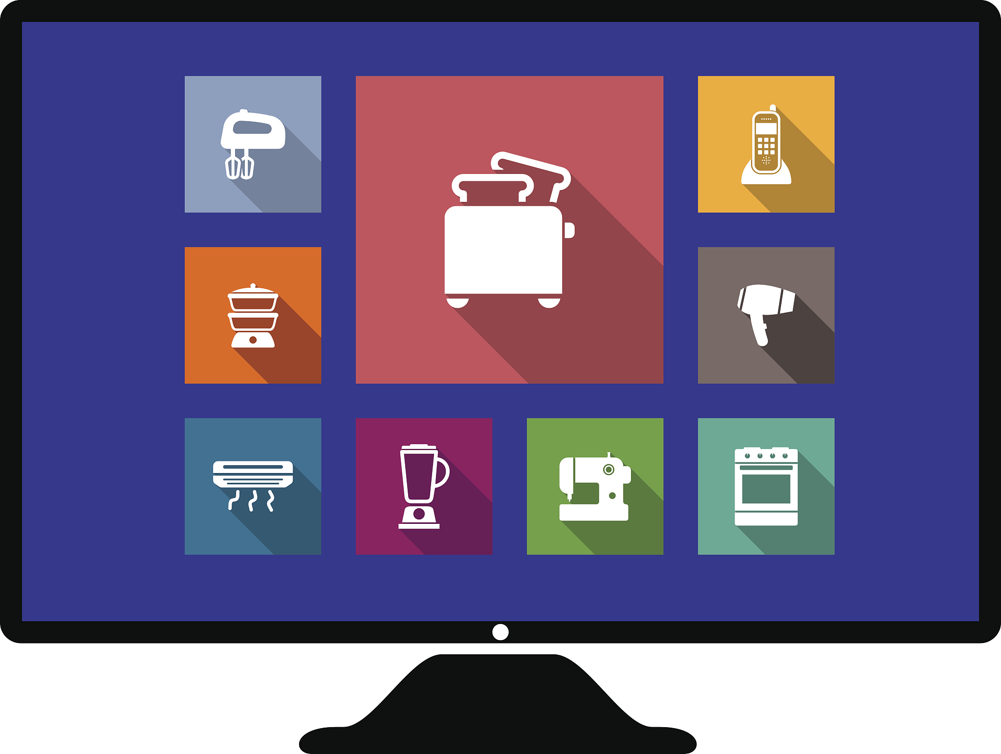 set of flat home appliances icons on a monitor
