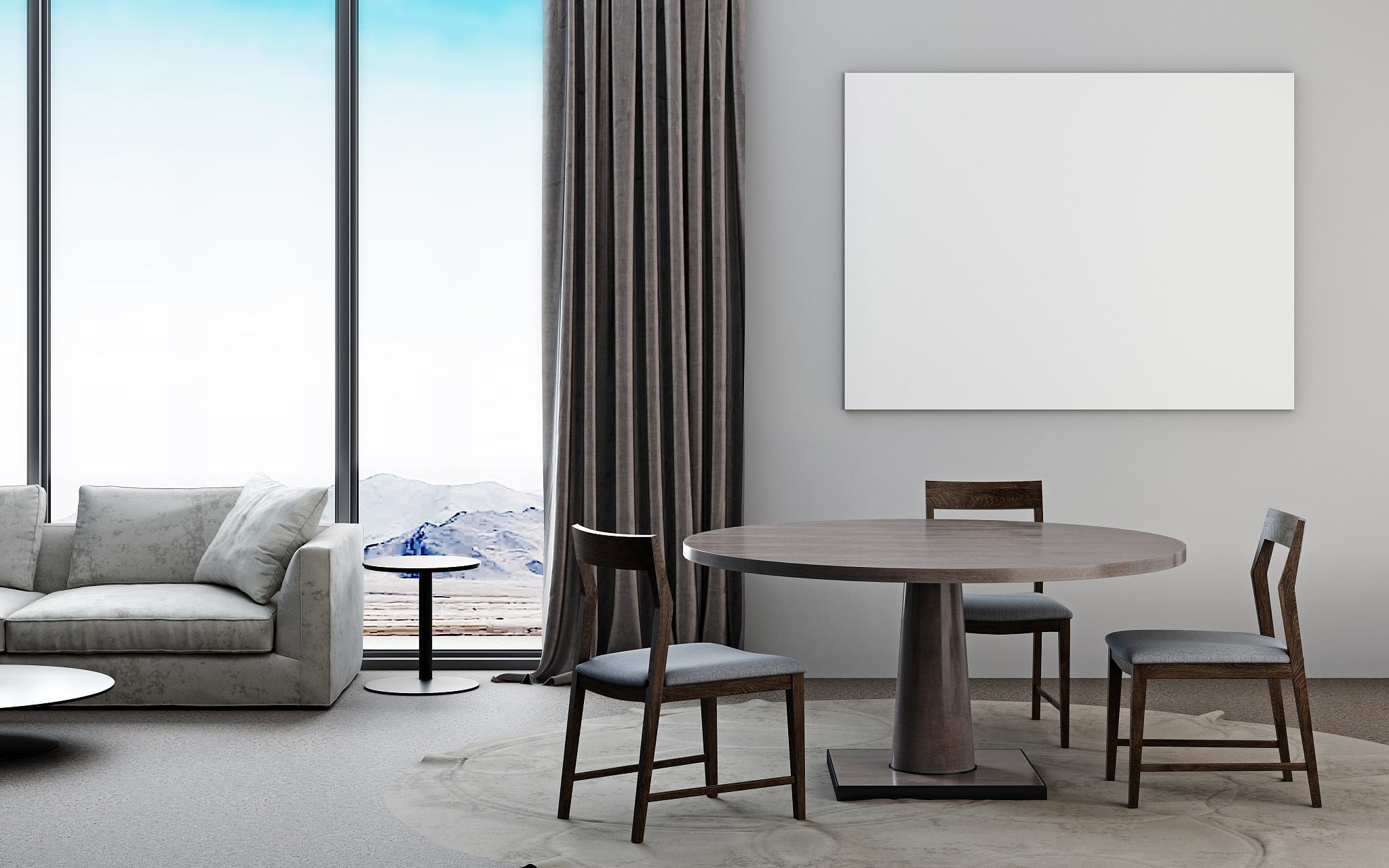 white and grey living room with sofa, dining table, mockup poste