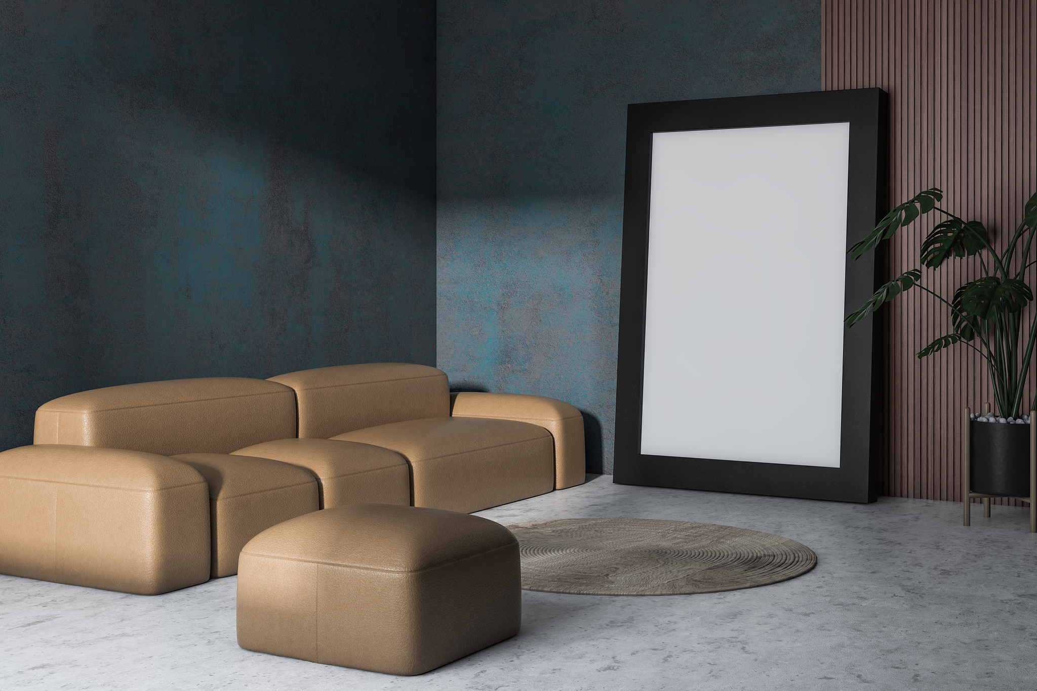 concrete and wooden living room with poster