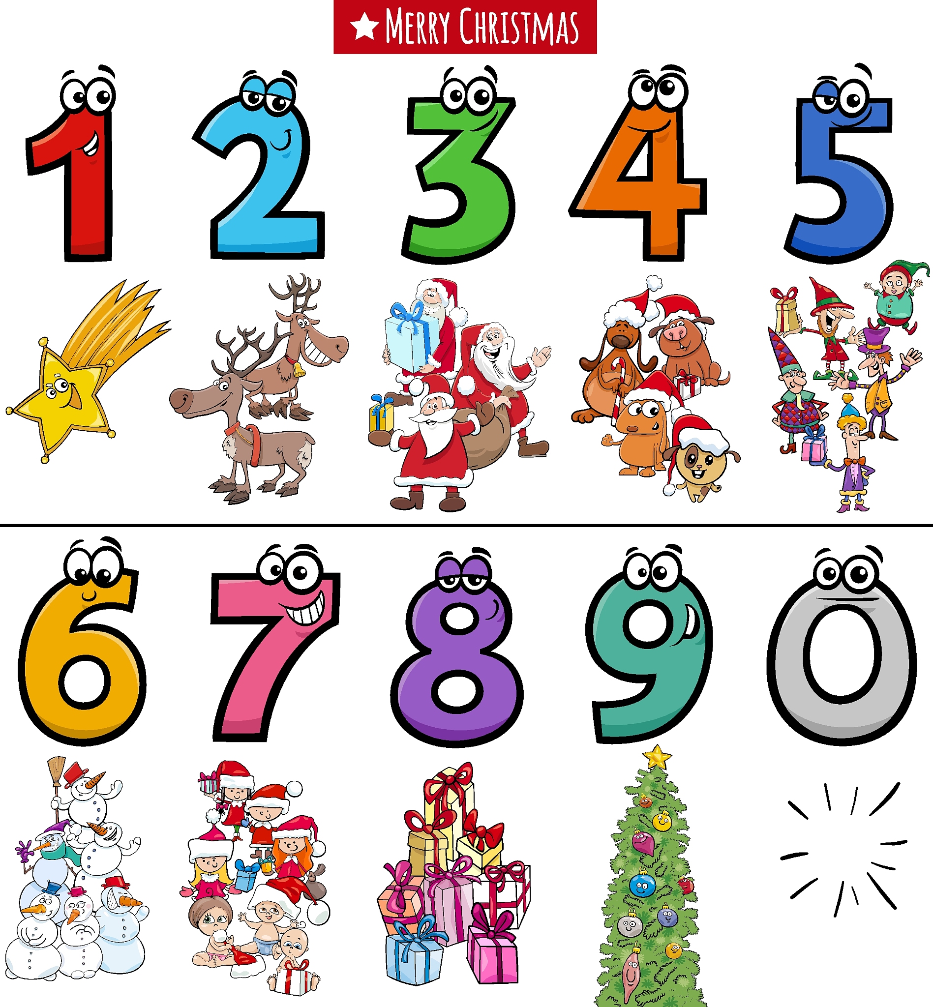 educational cartoon numbers set with christmas characters