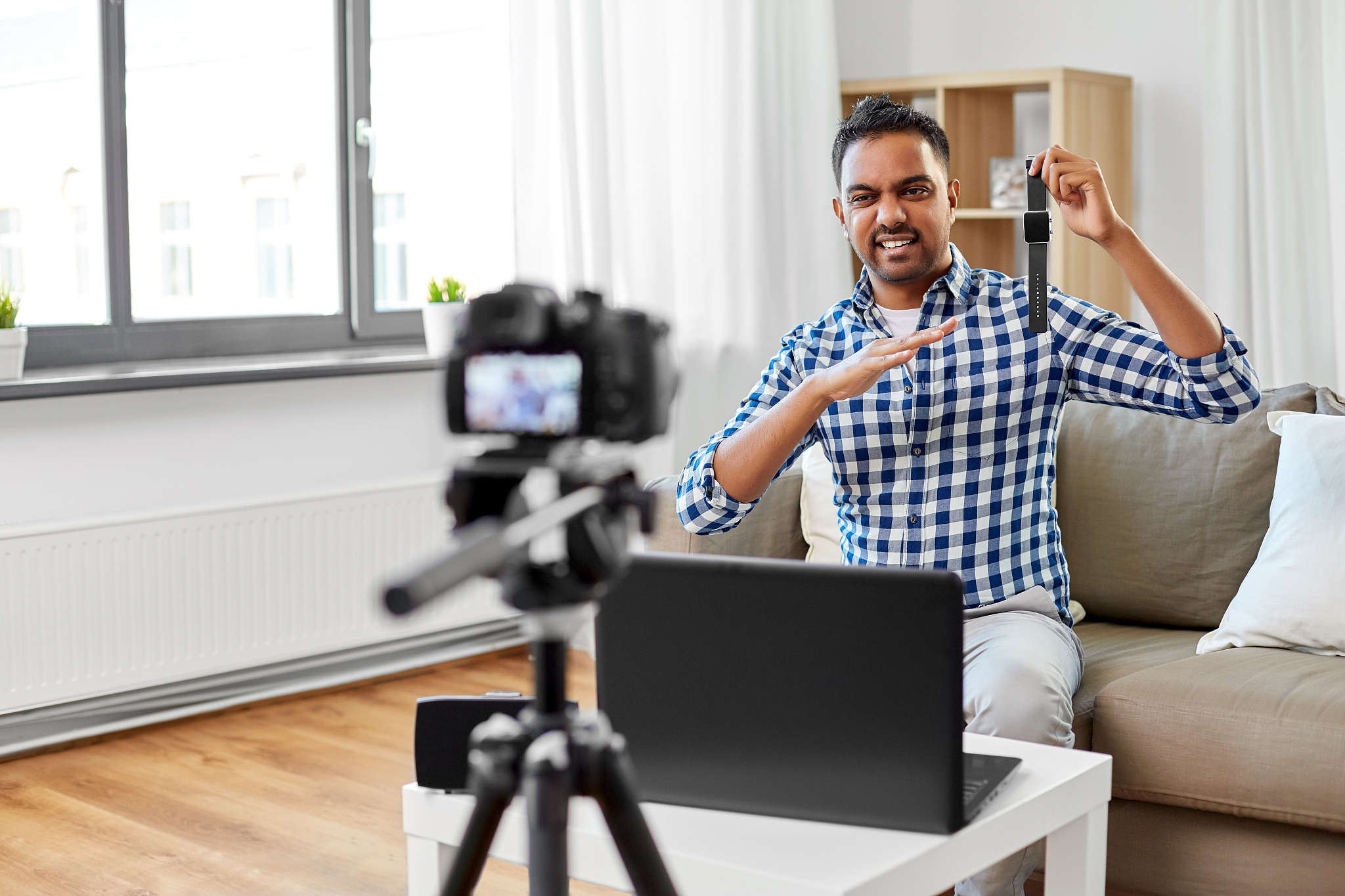 blogging, videoblog and technology concept - displeased indian m