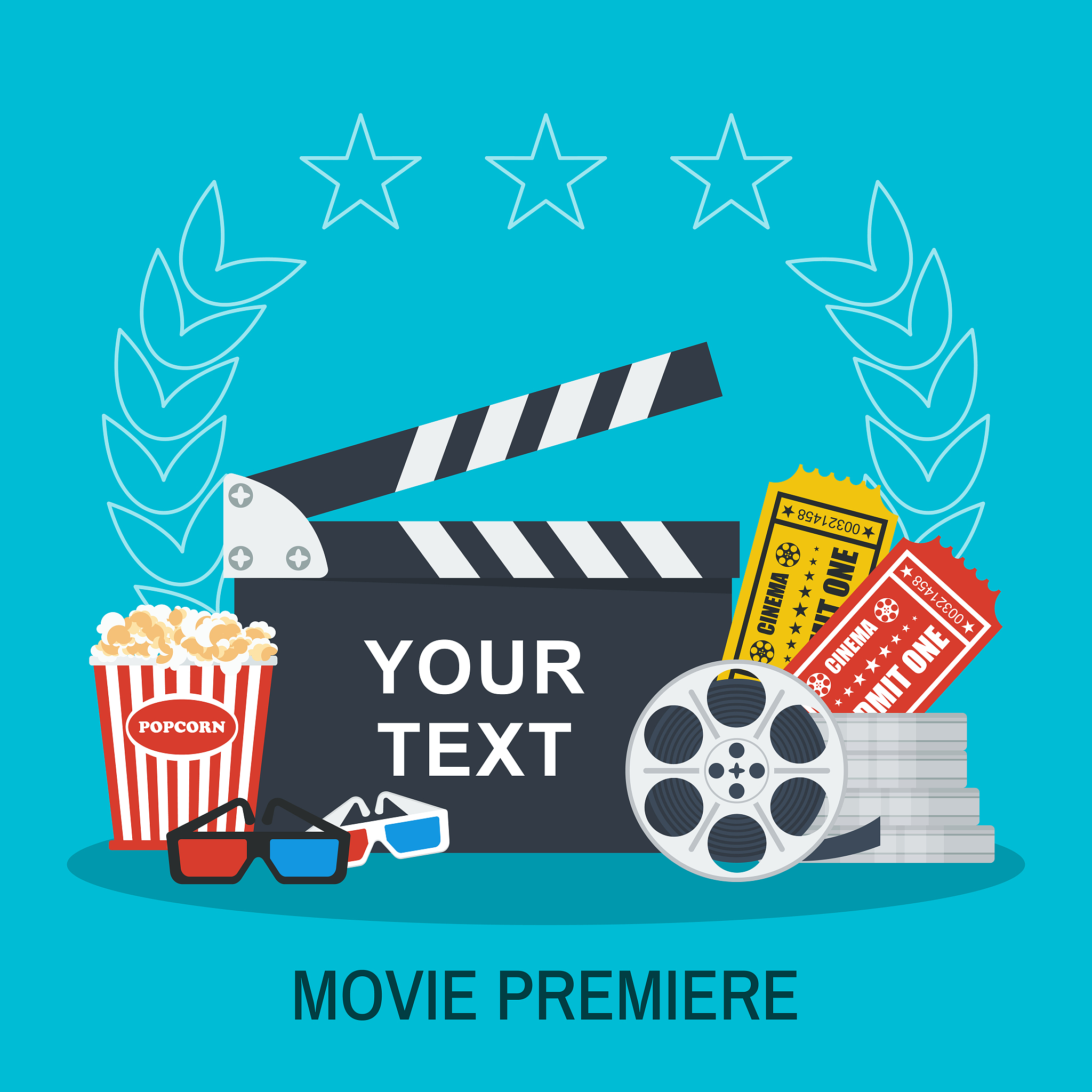clapboard, popcorn and tickets. movie making and premiere concep