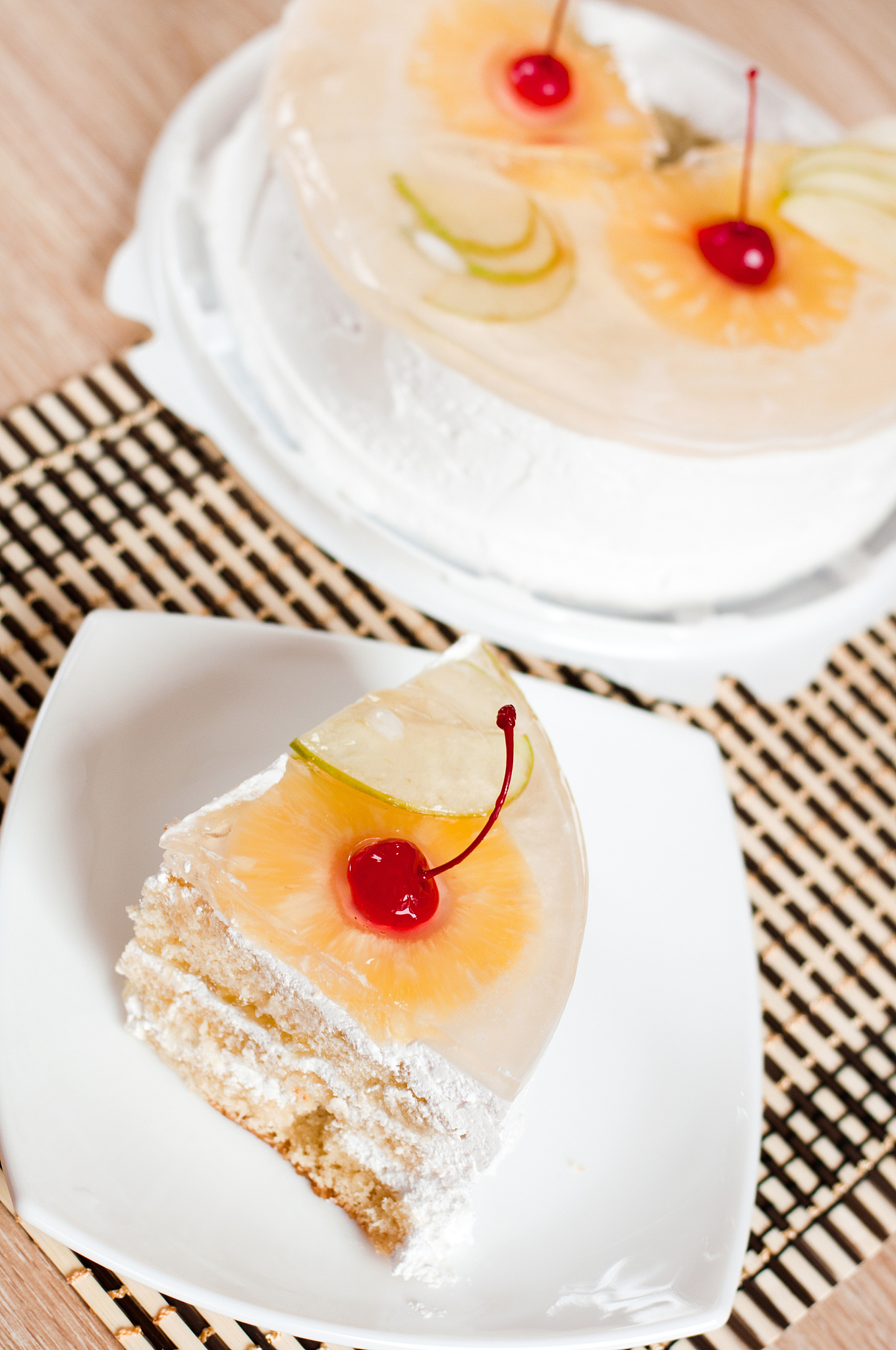 fruit cake with cherries, pineapple and apple.