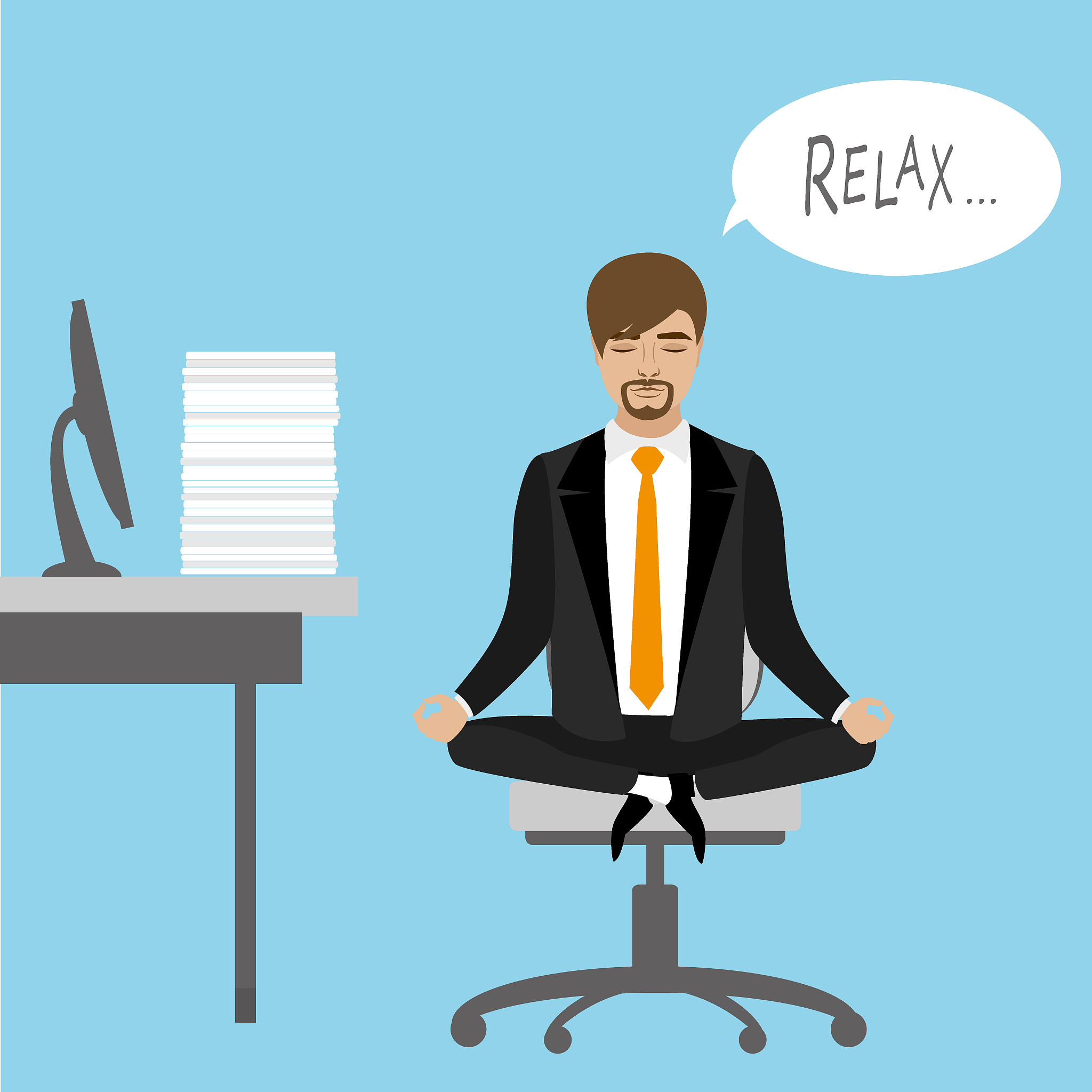 office worker relaxes and meditates in the lotus position on the