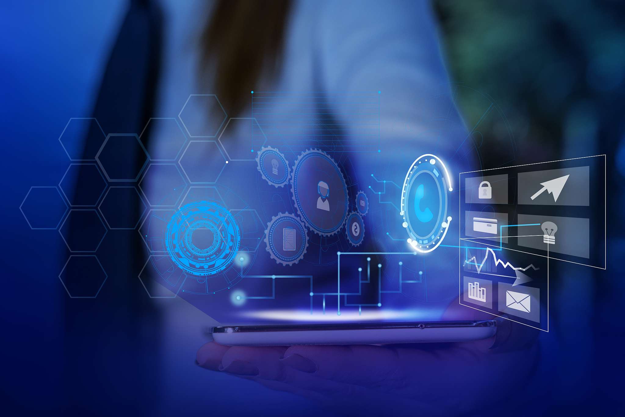 digital composite image of businessman with computer interface