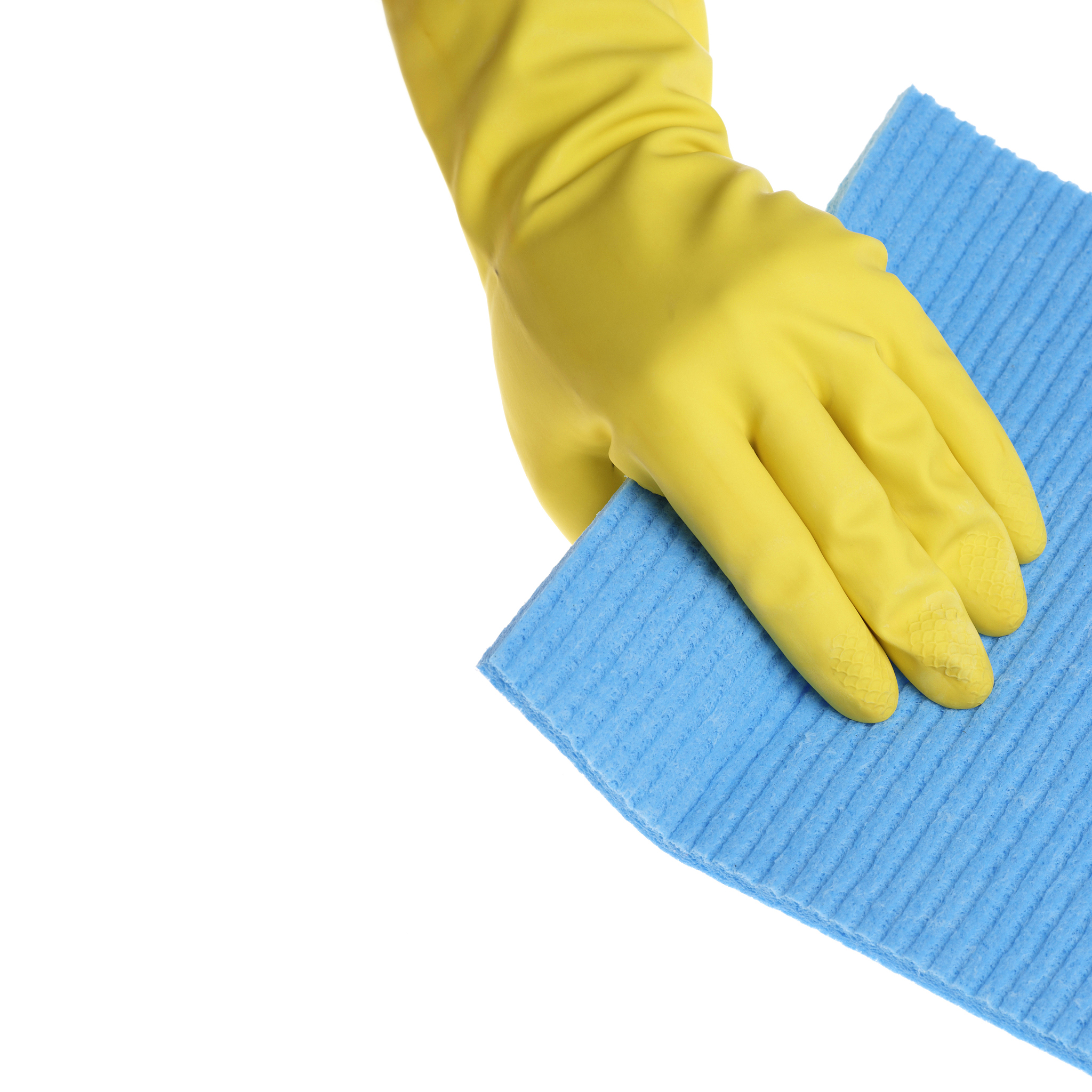 hand in rubber glove with sponge isolated on white