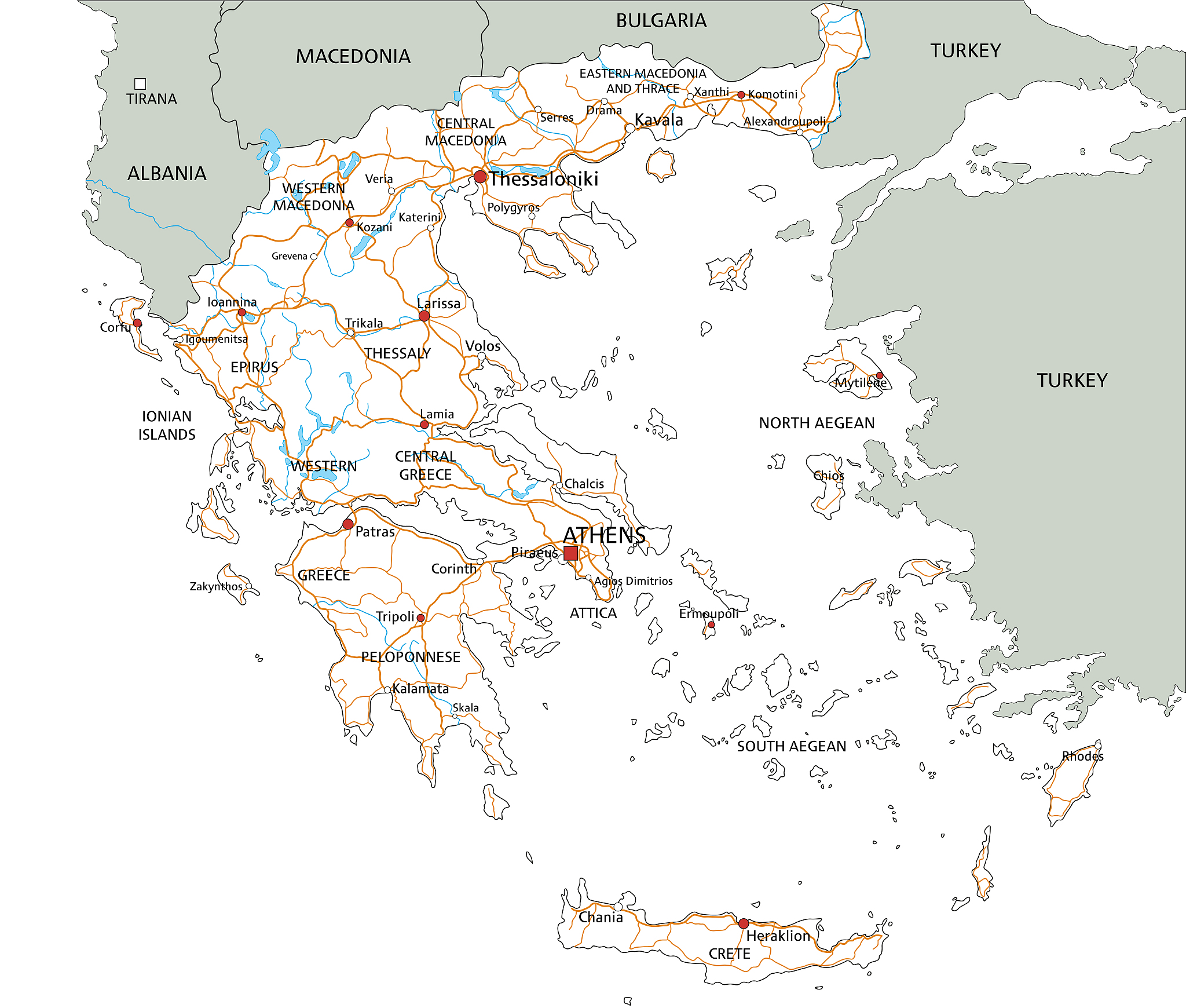 high detailed greece road map with labeling.