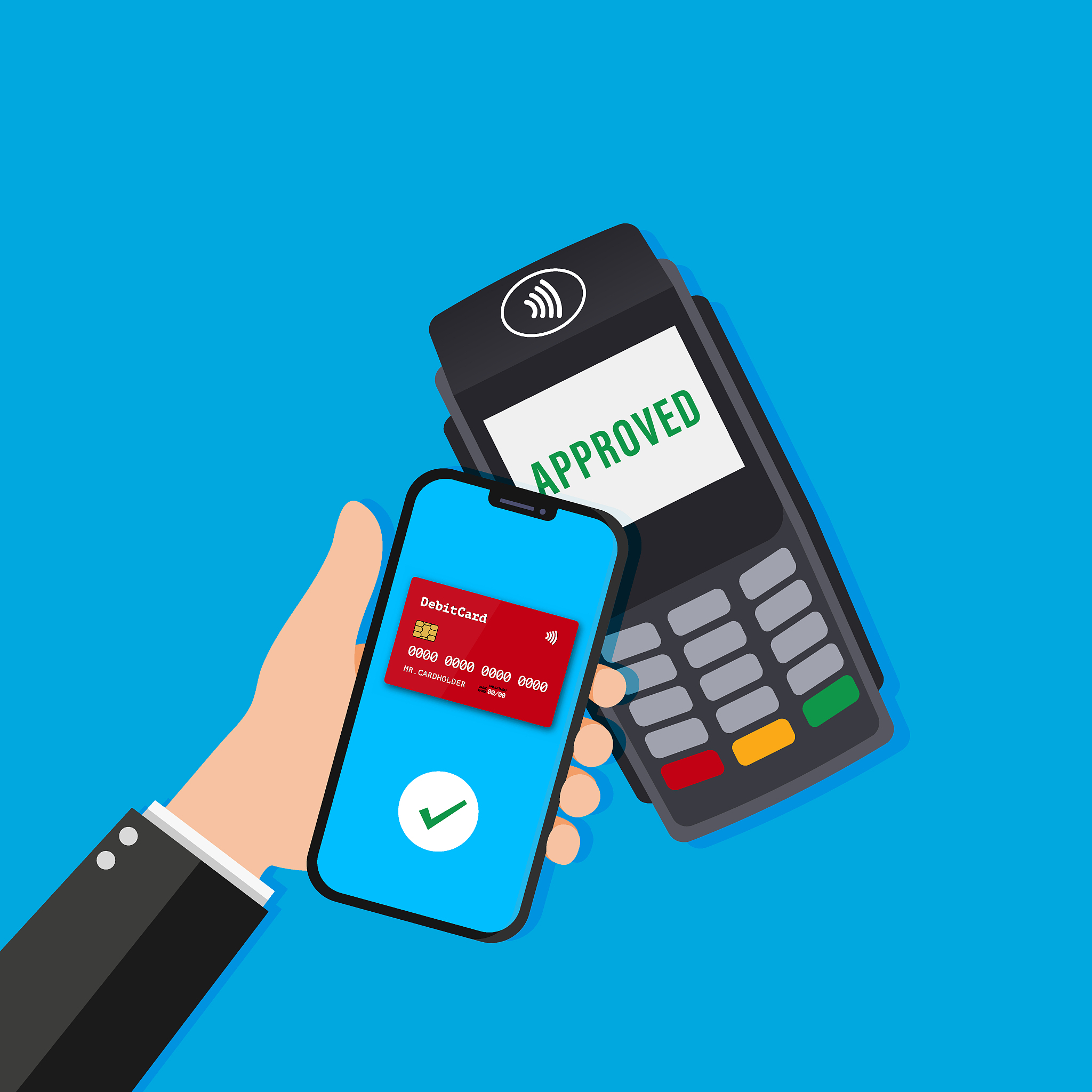 hand with smartphone near terminal. wireless, contactless or cas
