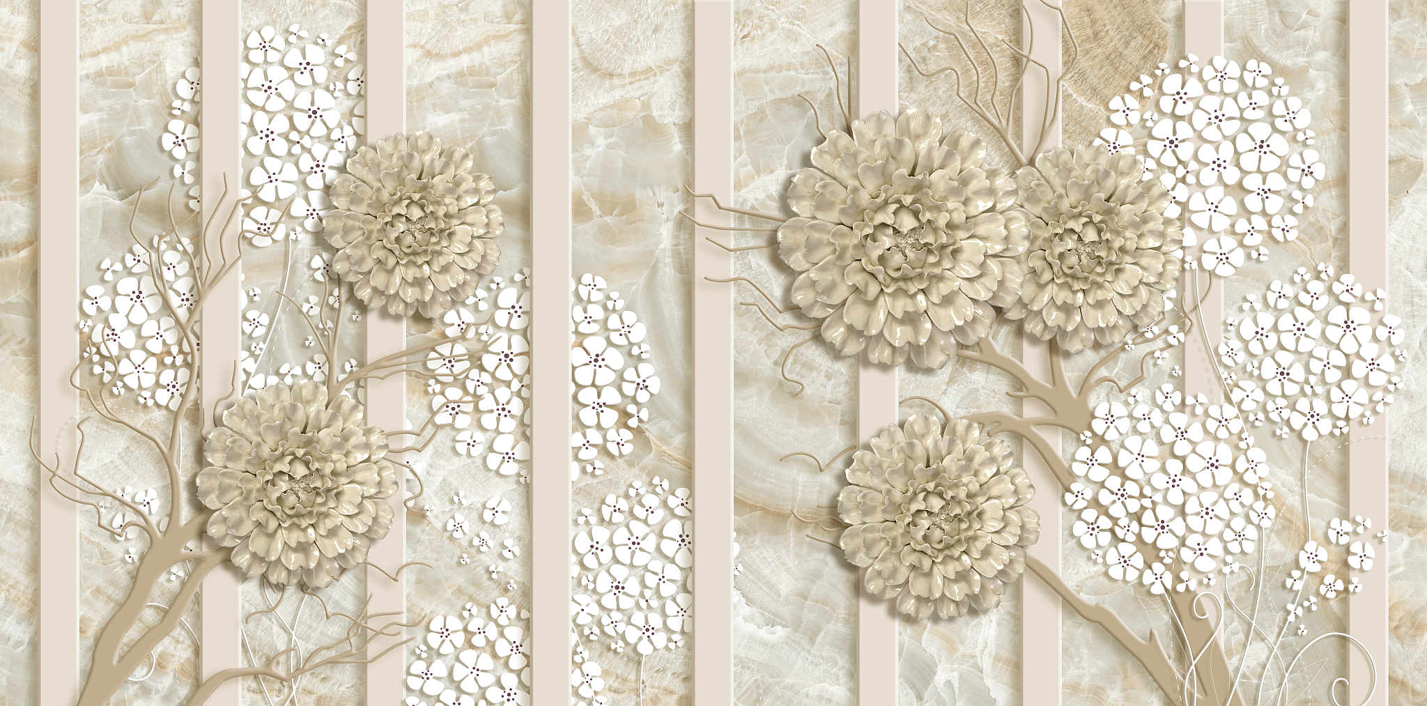 jewelry flowers, vertical stripes, beige marble background.