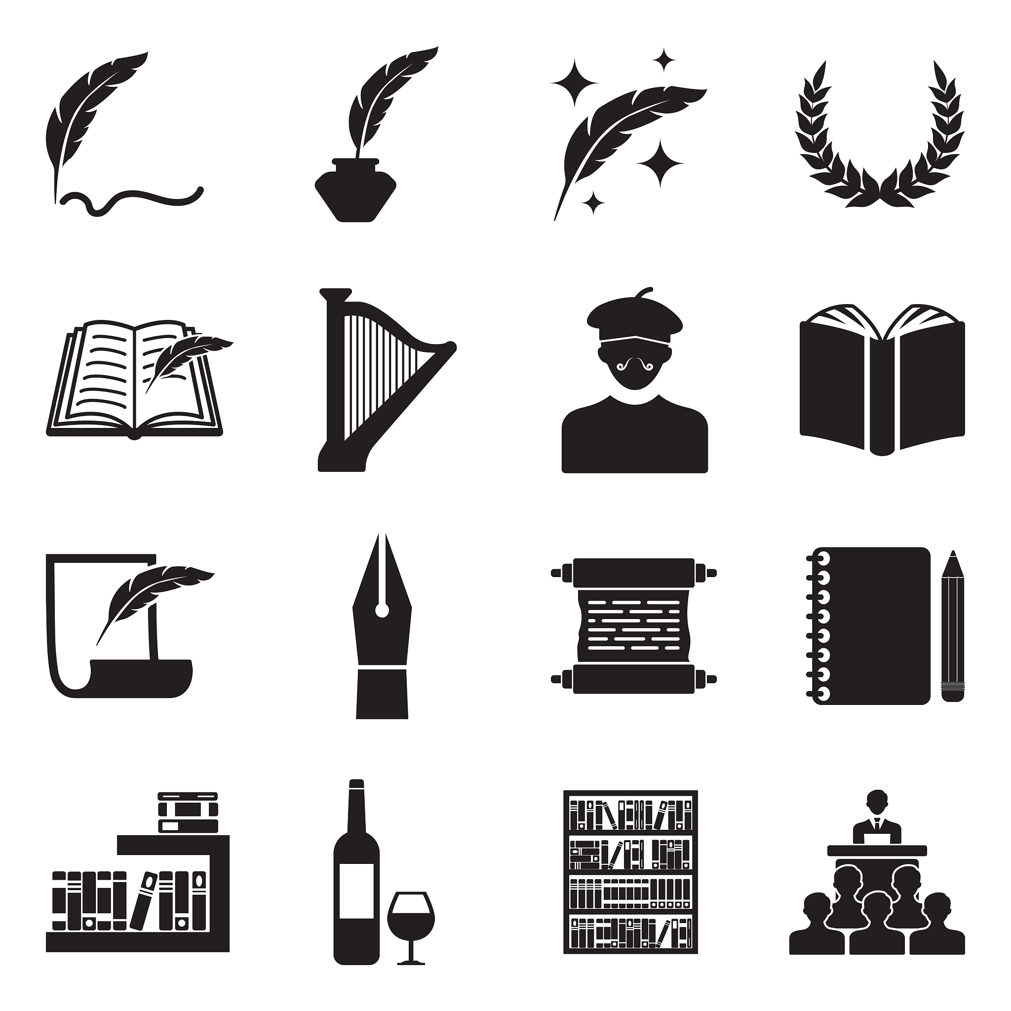 poetry icons. black flat design. vector illustration.