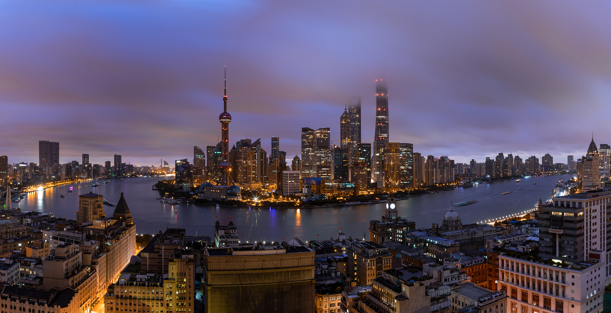 shanghai bund and lujiazui skyline at dawn