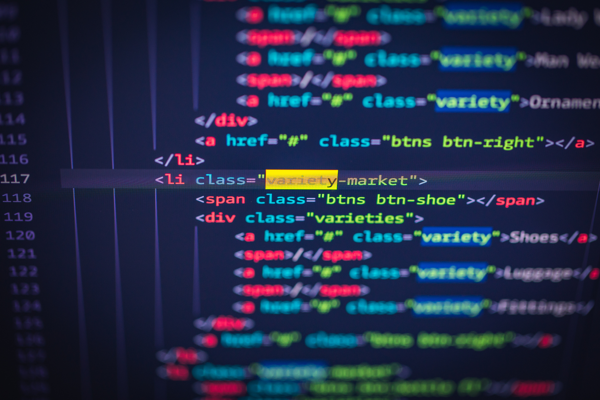 developer screen with colored website programming code