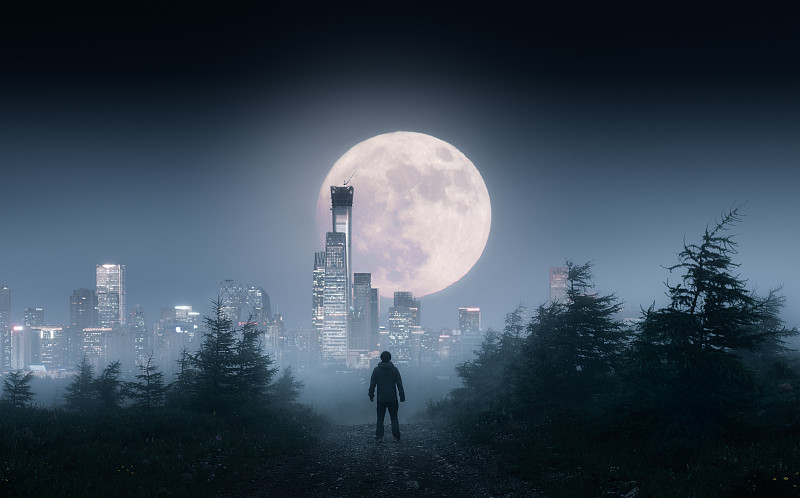 北京城市夜景与男人的背影