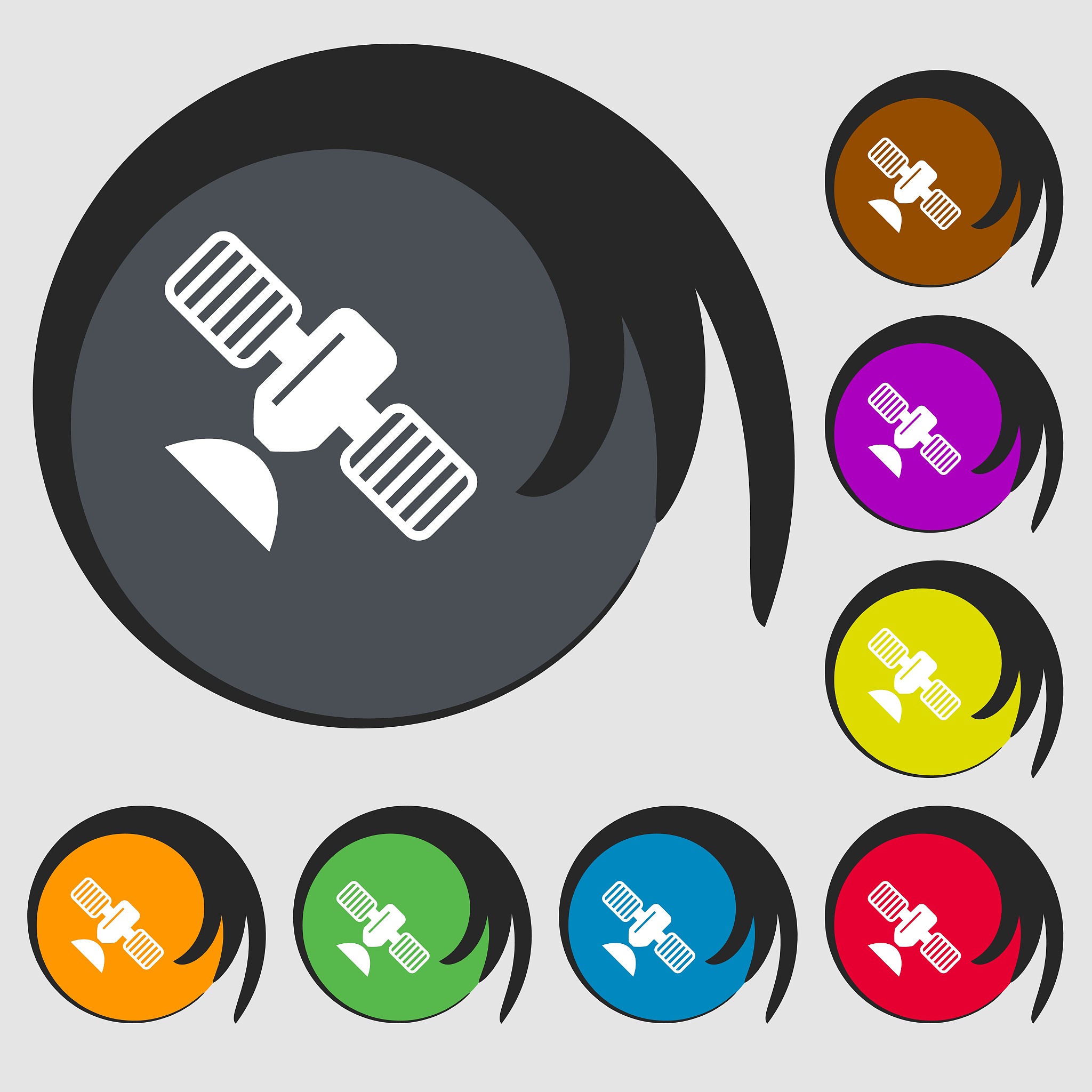 satellite icon. symbols on eight colored buttons. vector